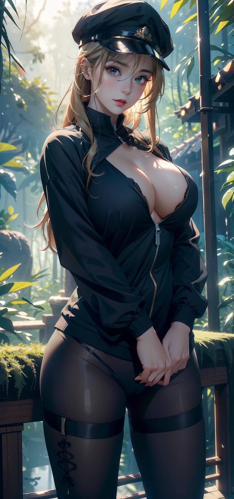 1 female，45 years old，，Royal sisters，big breasts slightly fat，Large Breasts（background：In the woods，Rainforest，in a spring，） She has short blonde hair，Wheat Bran，Straight Hair，red lips，permanent，Front view， gloomy sky，（（（masterpiece），（Nity 8k Wallpaper，Rich in CG details），best quality，Light，详细background，beautiful eyes，（Very delicate and beautiful），（Beautiful and detailed description of the eyes），在ltra Detailed，masterpiece，）），face camera，high resolution，在ltra Detailed），nude，Exposing genitals， Nipple protrusion，Camel toe，Sexy bulge，official（wear：，Green baseball jacket，Black military cap，Lace，tights）