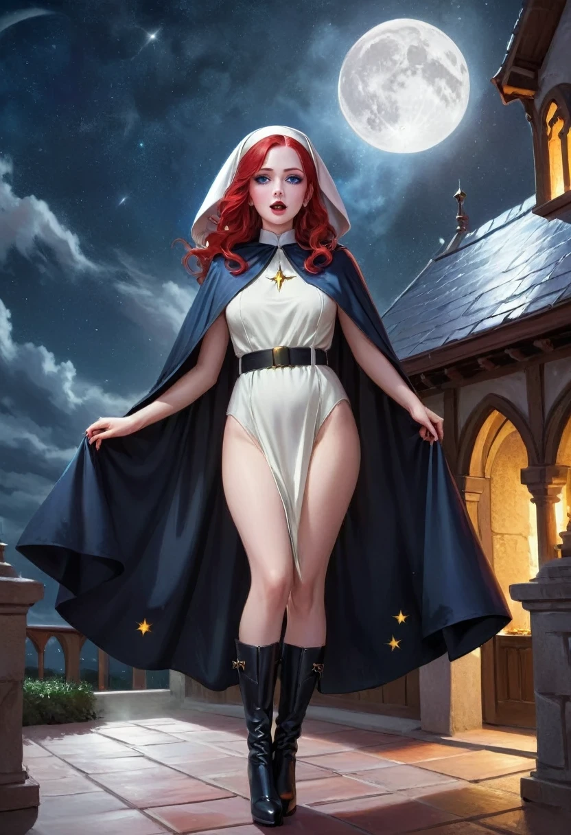 a picture of an exquisite beautiful female nun vampire standing under the starry night sky on the porch of her monastery, wearing (white nun tight uniform: 1.3), wearing (blue cloak: 1.3), long cloak, flowing cloak, wearing (high heeled boots: 1.3) ultra feminine, (pale skin: 1.3), red hair, wavy hair, dynamic eyes color, cold eyes, glowing eyes, intense eyes, dark red lips, ((fangs: 1.1)), , sky full of stars background, moon, bats flying about, action shot, high details, best quality, 16k, ((ultra detailed: 1.5)), masterpiece, best quality, portrait shot, photorealism, dark fantasy art, gothic art, many stars, sense of dread, GlowingRunesAI_red, Cinematic Hollywood Film style, ((no nudity: 1.5))