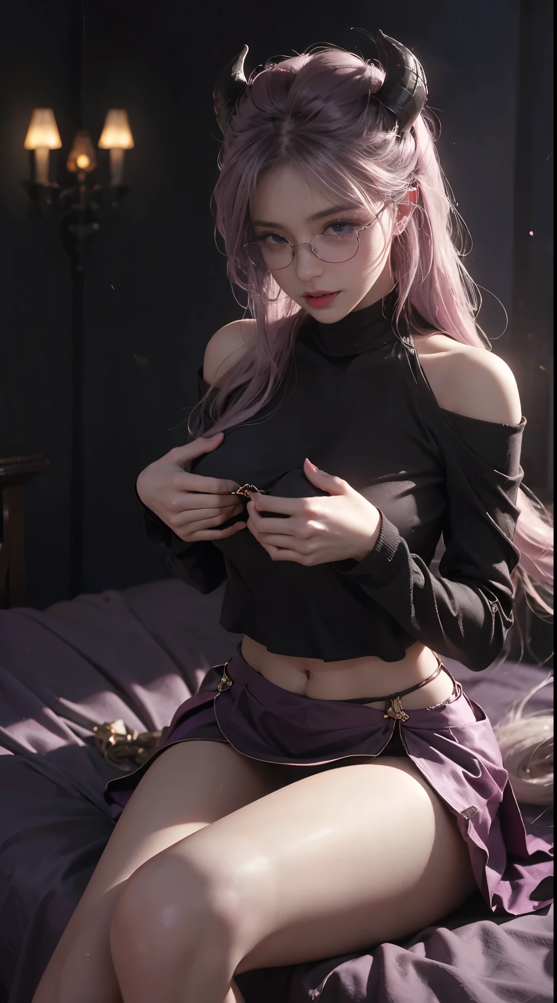 Dark style、Succubus、Devil's Daughter、Bat Wings,(((Demon Hornlack-rimmed round glasses))))、(((Colossal tits)))、(Devil's Tail),(Woman lying on bed)1 girl, Silver hair, striated hair, Bangs, Blunt bangs, Long hair, Pink hair, aqua eyes, longeyelashes, Purple eyes, makeup, Smile, Parted lips, Realism, Verism, surrealism, depth of fields, One-person viewpoint, retinas, masutepiece, ccurate, Anatomically correct, Textured skin,(Coarse short sweater)Floats off the shoulders、off shoulderlack tight skirt((Full Body Angle))、stick out buttocks)、(shapely breasts,)、((sexypose)))、(camel's toe), tongue、Vaginal orchids、Runny Vaginal Discharge、Blowing tide、Very beautiful breasts、Grasp your breasts with both hands、sexual excitement、 Expressions、shinny skin。realisitic、(Kpop Idol)、Medium Hair、(Pink blush)、(illuminating)、(solo)、dynamicposes、((erectile nipple))、(Puffy eyes:1.2)、 (Slim legs)、erotick