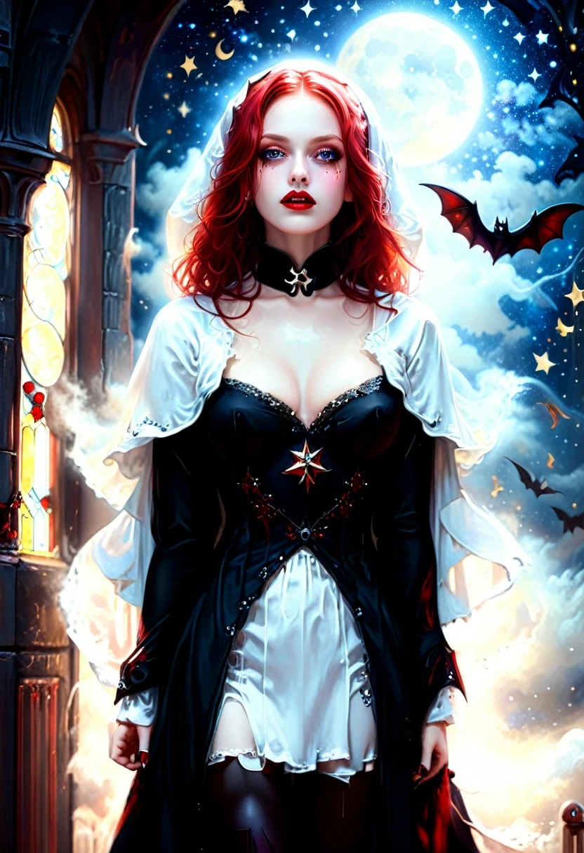 a picture of an exquisite beautiful female nun vampire standing under the starry night sky on the porch of her monastery, ultra feminine, (pale skin: 1.3), red hair, wavy hair, dynamic eyes color, cold eyes, glowing eyes, intense eyes, dark red lips, ((fangs: 1.1)), wearing (white nun tight וuniform: 1.3), wearing (blue cloak: 1.3), long cloak, flowing cloak, wearing (high heeled boots: 1.3), sky full of stars background, moon, bats flying about, action shot, high details, best quality, 16k, ((ultra detailed: 1.5)), masterpiece, best quality, portrait shot, photorealism, dark fantasy art, gothic art, many stars, sense of dread, GlowingRunesAI_red, Cinematic Hollywood Film style, ((no nudity: 1.5))