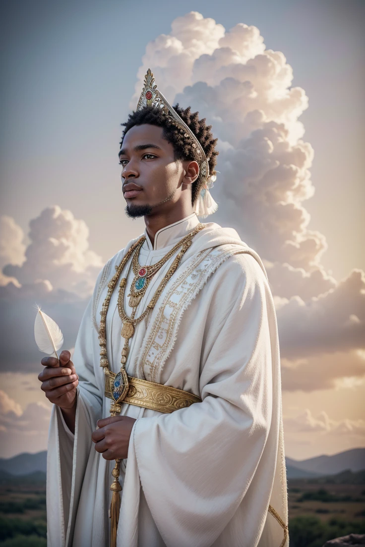 Create an illustration of Oxalá, similar to the image provided, that highlights its majesty and serenity. He must be dressed in richly detailed white clothing, adorned with embroidery and traditional accessories. Include the Opaxorô scepter and the white feather, the ekodidé, in your hands. The scene should be in a celestial environment, with soft clouds and soft lights in the background, reflecting your purity and divinity
- black african man