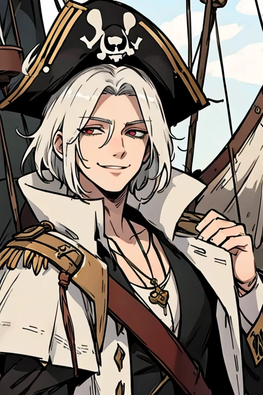 A young white haired man with ruby eyes in a pirates's outfit is smiling on a pirate ship
