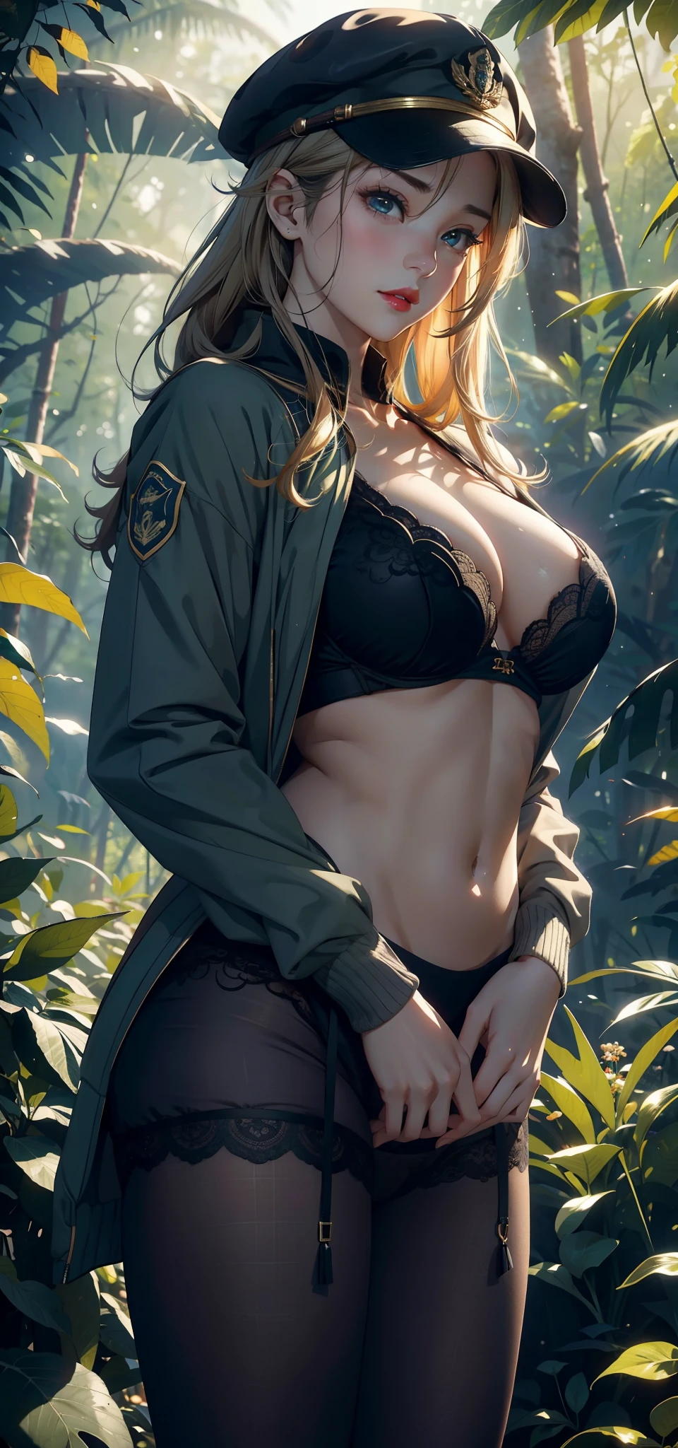 ((nude、NSFW))、(naked),1 female，35 years old，married woman，mature woman，big breasts，long legs，big breastsと細いウエスト， photo exposure， alone，（With background：in the forest，tropical rain forest，In summer） she has long blonde green hair，stood up，Seen from the front， curly， the sky is mostly cloudy，（（（masterpiece），（8K wallpaper that integrates high-definition CG），highest quality，movie lighting，detailed background，beautiful eyes，bright eyes，（very delicate and beautiful），（Beautiful and delicate depiction of eyes），Super detailed，masterpiece，）），towards the camera，High resolution，Super detailed），publish one&#39;chest of，nakedの性器， convex shape，camel toe，sexy and excited，(military cap，big breasts，Green Bomber Jacket，nakedの性器）全naked，tattoo