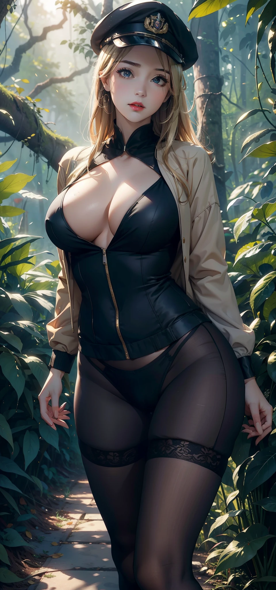 1female，35yo，plumw，extremely large bosom， 独奏，（Background with：the rainforest，SakuraNS，Deep in the forest，No man's land，）standing on top of a mountain， She has short blonde hair，standing on your feet，Bundled，seen from the front， bobo head， mostly cloudy sky，（（（tmasterpiece），（Very detailed CG unity 8K wallpaper），best qualtiy，cinmatic lighting，detailed back ground，beatiful detailed eyes，Bright pupils，Blue eyes，Snow-whiteskin，Redlip（Very fine and beautiful），（Beautiful and detailed eye description），ultra - detailed，tmasterpiece，））facing at camera，A high resolution，ultra - detailed），revealing breasts，Bare genitalia，  Bulge，legs are open，Raised sexy，Camel toes，Flushed complexion，Desire for dissatisfaction，frontage，miltary，Aviator，Military Cap，Dark green trench coat，Black jumpsuits，komono