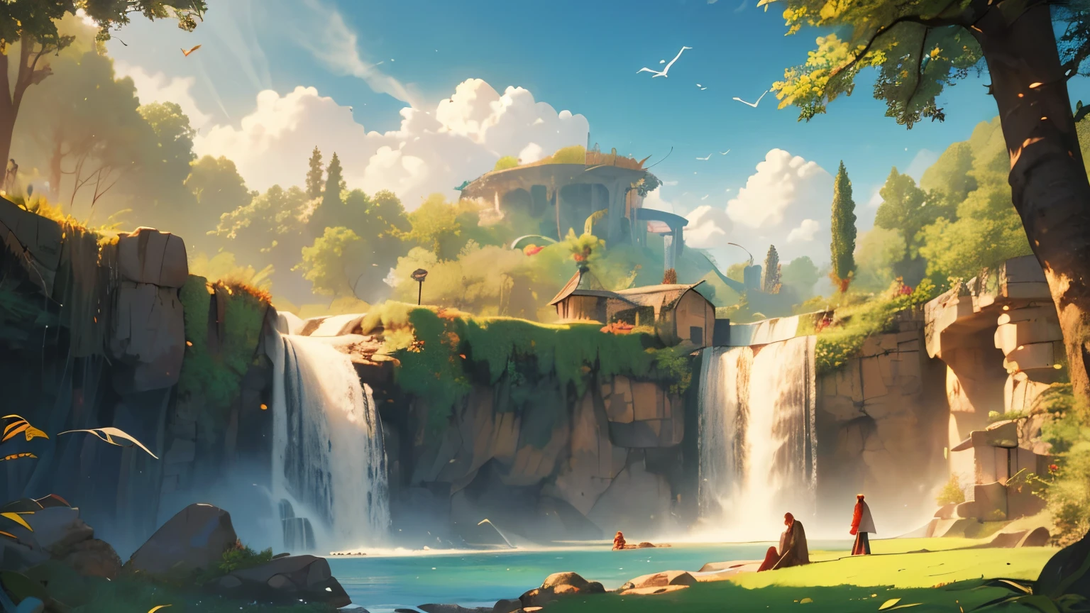 ultra-detailed,(realistic,photorealistic,photo-realistic:1.37), (Prophet Adam & Eve) walked around in heaven, enjoying the beauty and pleasures of heaven, heaven, grass, waterfall, sky, fantasy
