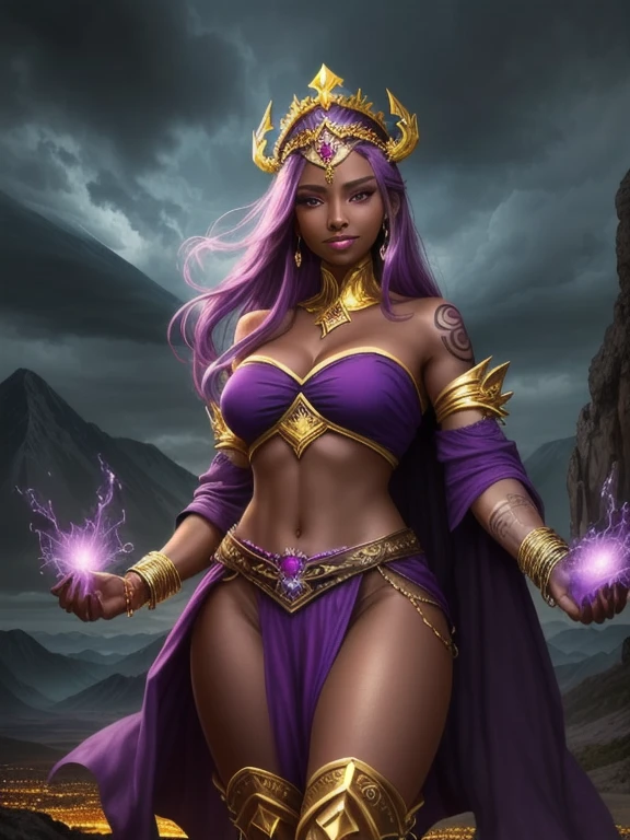(MasterPiece) (Highly Detailed) (4k), 1female, solo, 25 year old woman, Sorceress, Fantasy, Fantasy setting, (Dark Skin:1.4), Purple eyes, Purple Hair, Pink Hair, Long Hair, (covered in tattoos:1.3), (Wearing: strapless top, loincloth, golden bracelets, golden head piece, golden knee high boots:1.2), looking at viewer with an amused smile, fierce and confident posture, both hands glowing bright purple, purple magic, bright purple sparks in both hands, expressive expression, dark and mysterious aura, complex eye makeup, mystical energy radiating from her hands, electric purple orbs swirling around her, (Night time, ethereal and magical atmosphere, outdoors, dark clouds in the sky, purple lighting, purple and magenta aroura's in the surroundings, gorgeous view of the mountains)