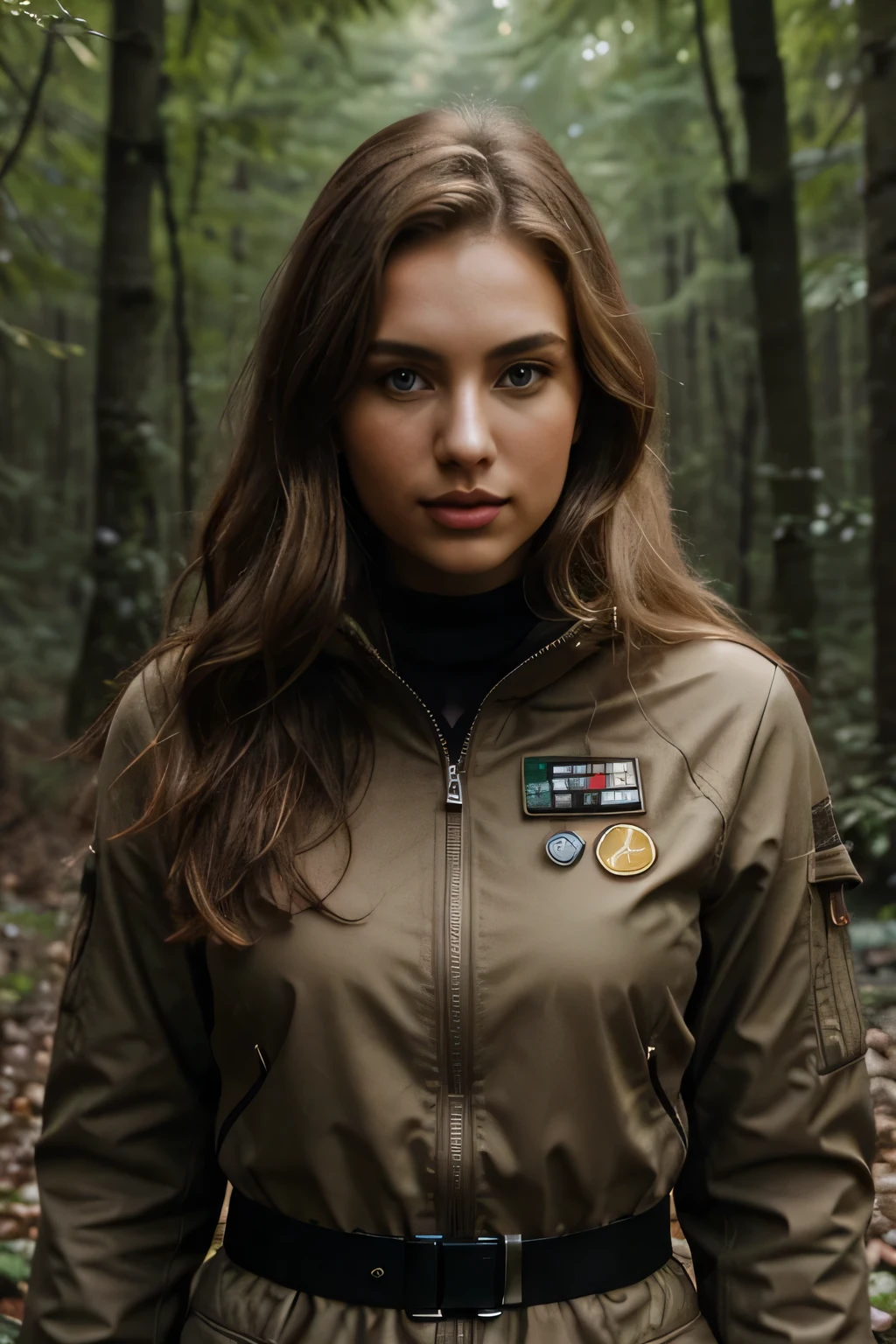 woman, a striking 22-year-old American model with light brown hair, in the forest, apocalypse atmostphere forest, in forecast , wavy hair, 172 height, full body photo, mix face veronika bielik, danusia draghici face, cute faces, russian girlfriend, blonde and attractive features, attractive girl, stormptrooper, star wars, wearing startwars
