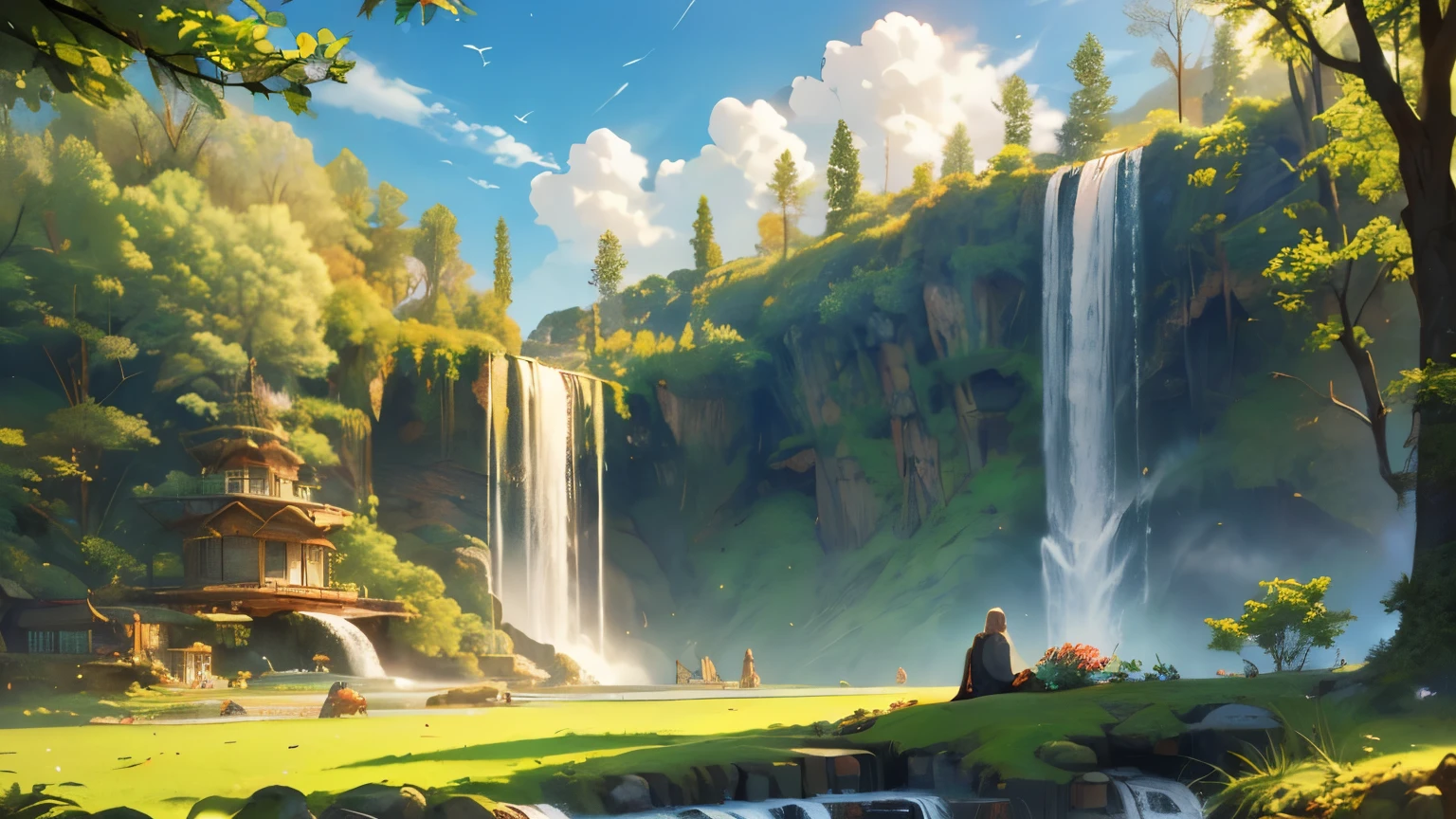 ultra-detailed,(realistic,photorealistic,photo-realistic:1.37), The sleeping Prophet Adam, heaven, grass, waterfall, sky, fantasy, alone, magnificent scene, eden tree