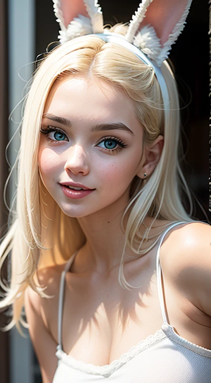 (Masterpice), (HD), (Detailed) ,( piece of art), blonde haired woman in white top and bunny ears posing for camera, very beautiful cute catgirl, beautiful young catgirl, white cat girl, perfect white haired girl, her hair is white, she has a cute face, attractive cat girl, blonde goddess, girl with short white hair, young and cute girl, she has a cute expressive face, amouranth