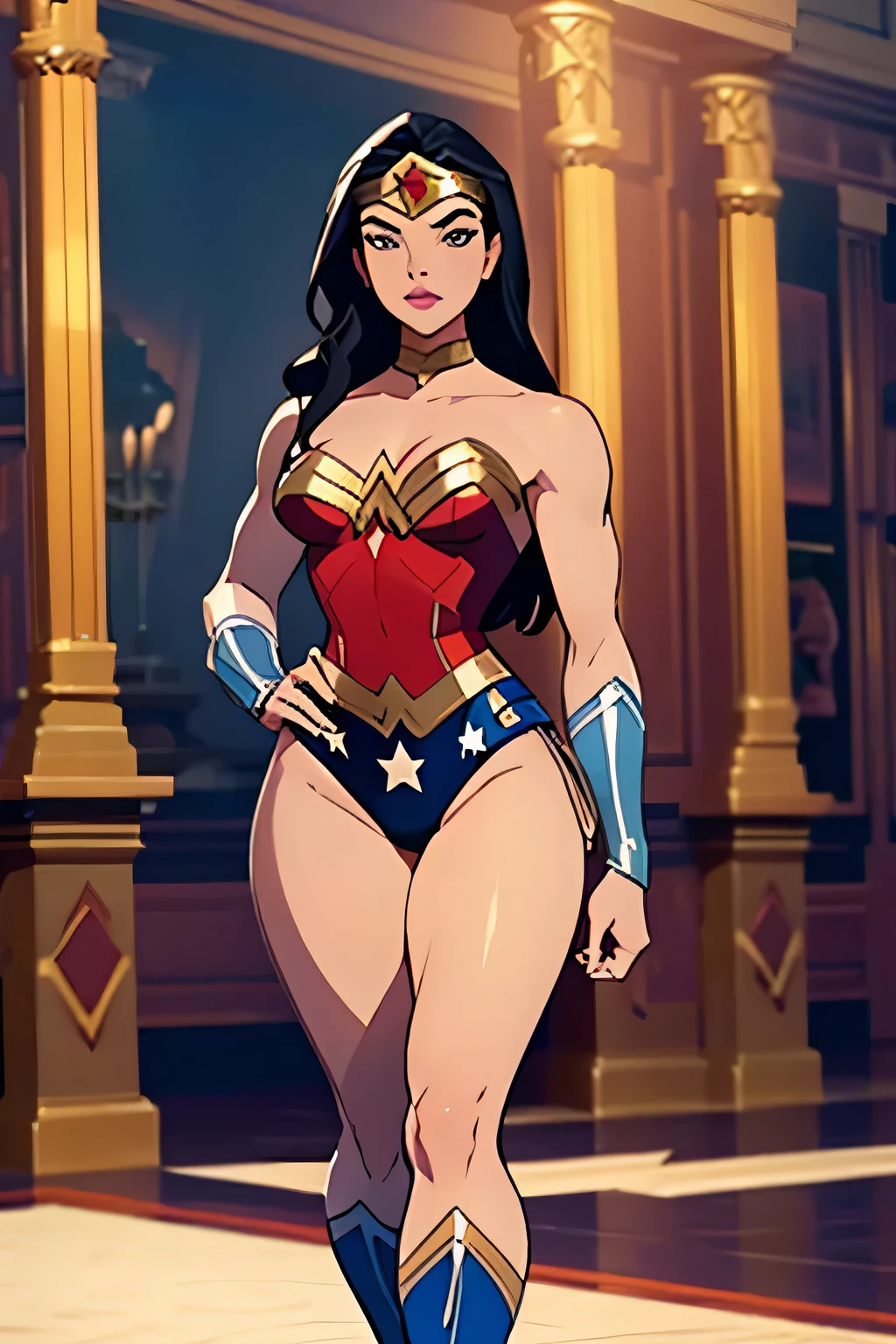 Regal Posture with Focus on Buttocks: Standing elegantly with one foot slightly in front of the other, the tight suit clings to Wonder Woman’s body, highlighting the curves of her hips and the shape of her buttocks. The suit's fit emphasizes her graceful yet powerful form, with the smooth lines accentuating her posture.