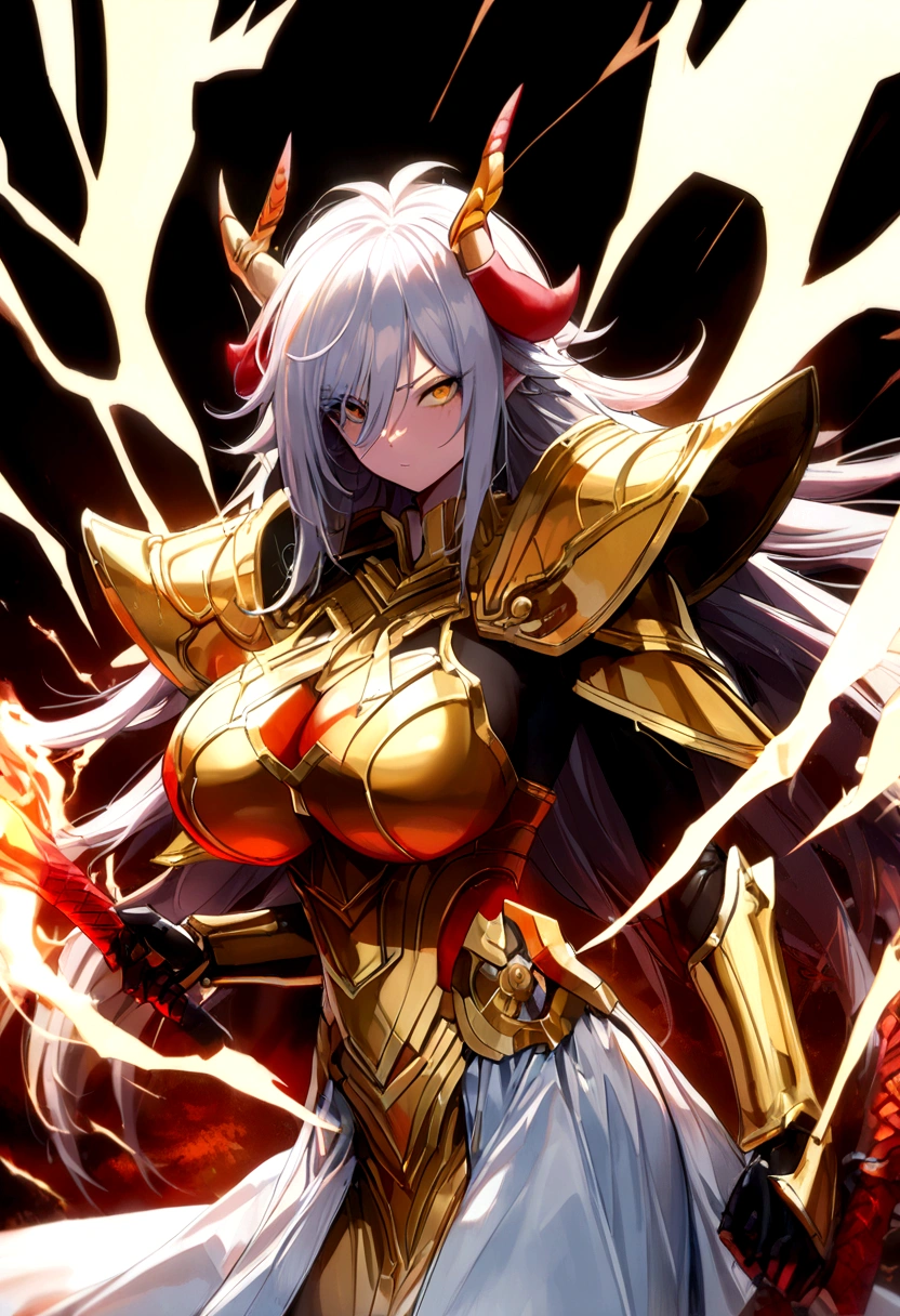 ((Lightning Power)), ((Electricity)), ((Fire Background)), ((android 21 Evil)), (((white Coat))), (((Darkness power))), (((Busty))), (((((Big breast:1,3)))), luxury bustier corset, ((silver hair)), (((Very slim waist))), propotional body, ((Gorgeous)), ((gold wings)), masterpiece, hyperdetail, ambient effect, digital effect, (((FIRE SWORD)), (((Lightning Sword))), (((Fire Gold Armor))), ((Lightning Gold Wings)), ((Fire Demon Horns))