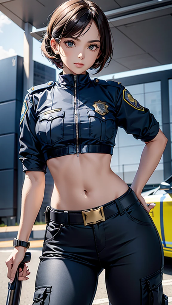 Women in crop top police uniform, police pants, showing navel,