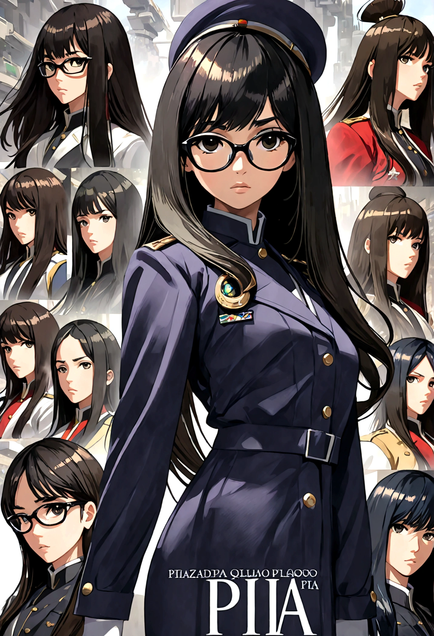 movie poster,Referencia de anime 86 ,Science fiction,Science fiction,Films,War Action Films,Multiple characters,mujer,Adultos,pelo negro,(Peinados con flequillo de Pia : 1.8 ),usando lentes rojos,general's uniform,uniforme de comandante blanco,detalles de la cara realistas,realism,cara 3d,((peinado trenzado)),((peinado trenzado)),