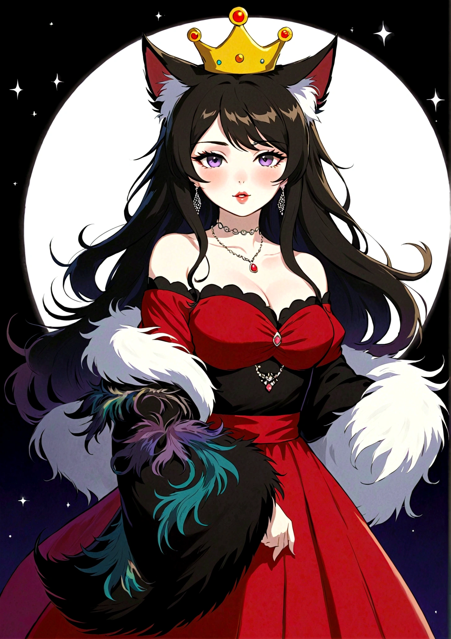 Anime Girl，Purple Eyeshadow，Black long hair，Cat ears，Small Crown，Red off-shoulder dress，Fur collar shawl，wave