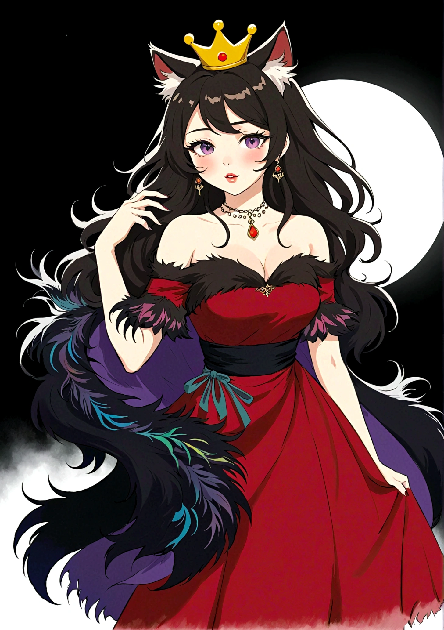 Anime Girl，Purple Eyeshadow，Black long hair，Cat ears，Small Crown，Red off-shoulder dress，Fur collar shawl，wave