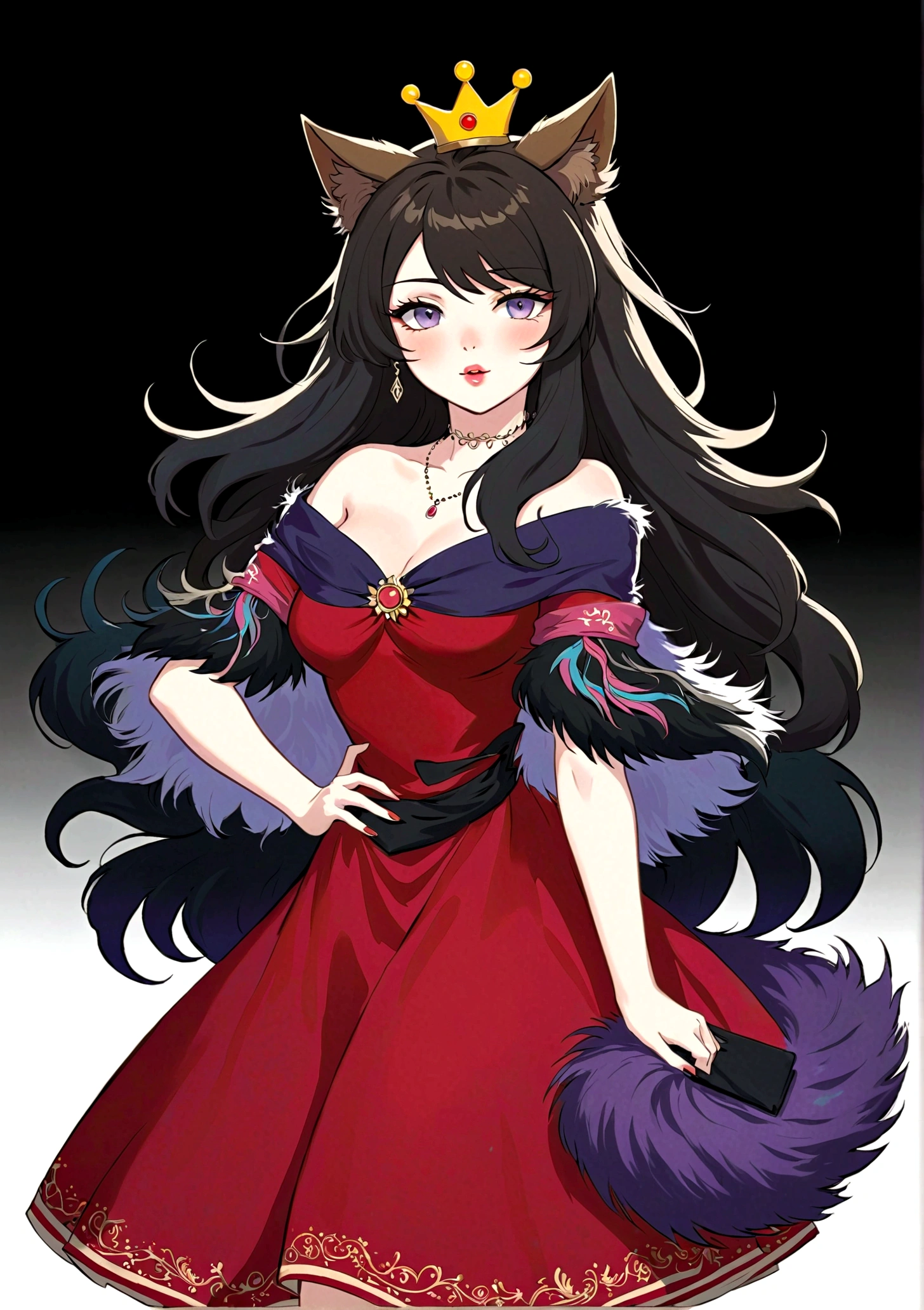 Anime Girl，Purple Eyeshadow，Black long hair，Cat ears，Small Crown，Red off-shoulder dress，Fur collar shawl，wave