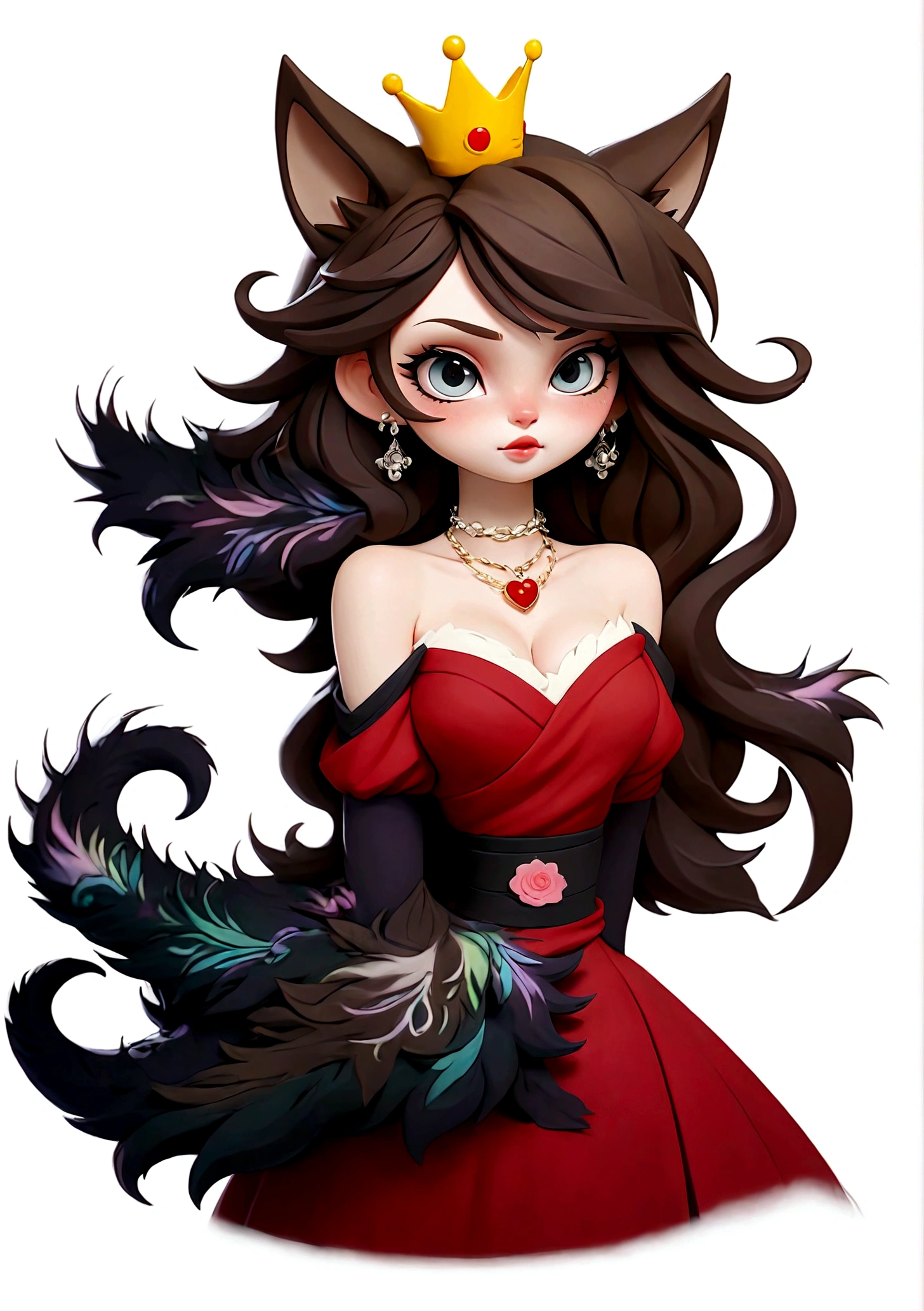 Anime Girl，Purple Eyeshadow，Black long hair，Cat ears，Small Crown，Red off-shoulder dress，Fur collar shawl，wave