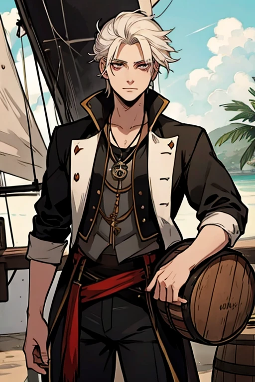 A young white haired man with ruby eyes in a pirates's outfit is leaning on a barrel on a pirate ship