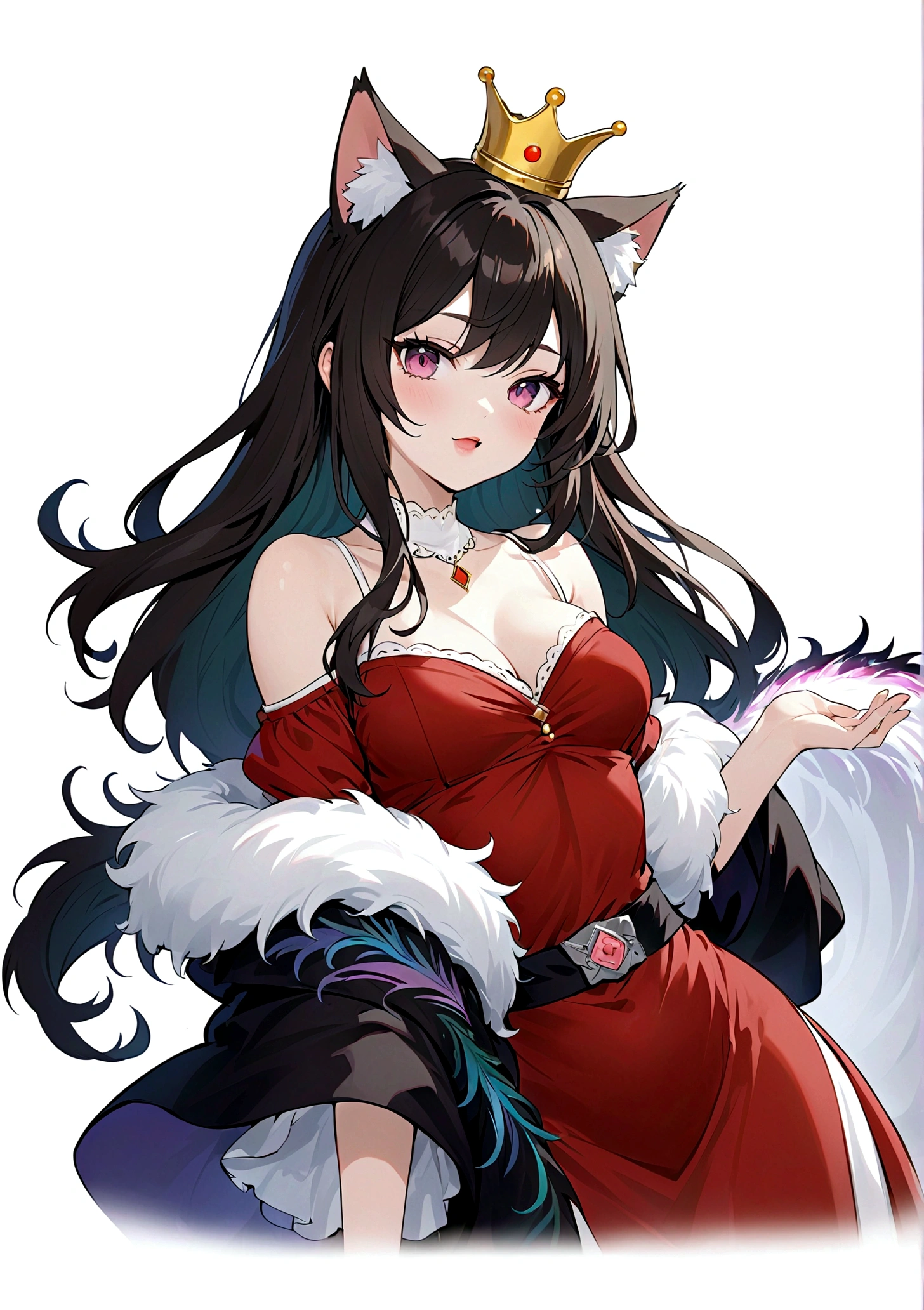Anime Girl,Purple Eyeshadow,Black long hair,Cat ears,Small Crown,Red off-shoulder dress,Fur collar shawl,wave