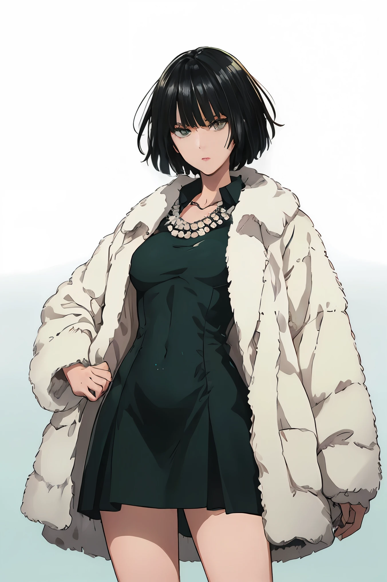 (((pixel-perfect, detail-perfect))), solo, 1girl,female with green fringe style bob haircut , fubuki, fur coat, collared dress, collarbone, necklace, looking at viewer, closed mouth, standing, front view
,fubuki(one punch man), high quality ,a dark green dress , high collar, thigh , white pearl , (background gradient:1.2) ,sfw, (perfect hands, perfect anatomy),