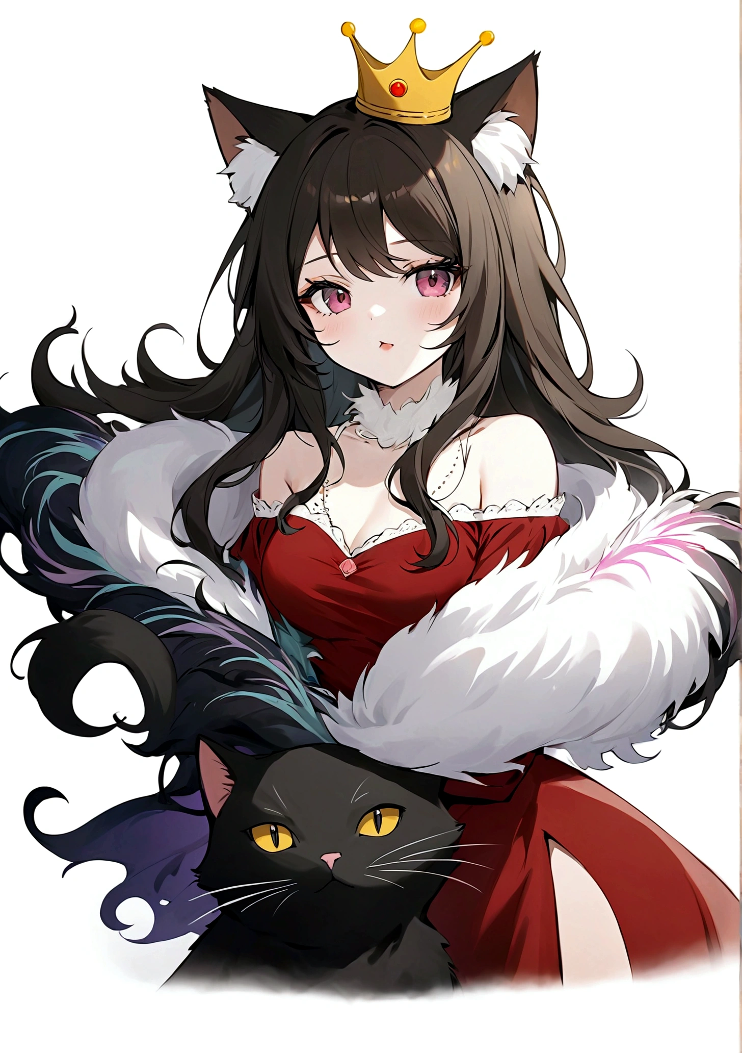 Anime Girl,Purple Eyeshadow,Black long hair,Cat ears,Small Crown,Red off-shoulder dress,Fur collar shawl,wave,Slender neck