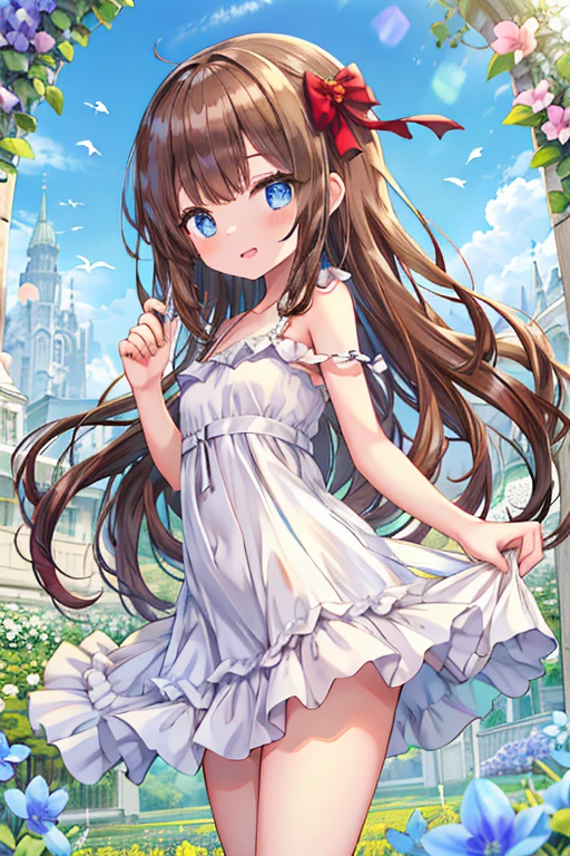 One Girl, younger sister, , small, cute, Big Eyes, Wide eyes, smile, Laughing with your mouth open, Blushing, beautiful girl, Face the camera, whole body, Light brown hair, Long hair down to her butt, Bangs, Girlish Hair, Straight Hair, Half Up, White long ribbon, Clear blue eyes, Drooping eyes, Flat Chest, Curvy Body, White strap dress, A flower field, Standing in a flower field, Pale Light, blue sky, Warm sunlight