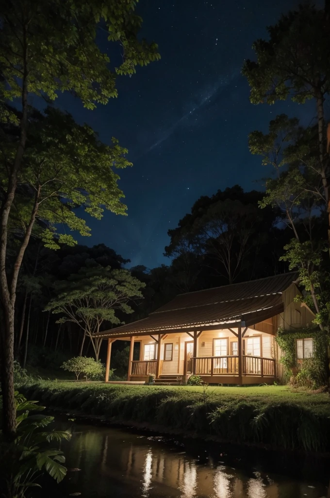 Uma casa, a noite, no meio da floresta
