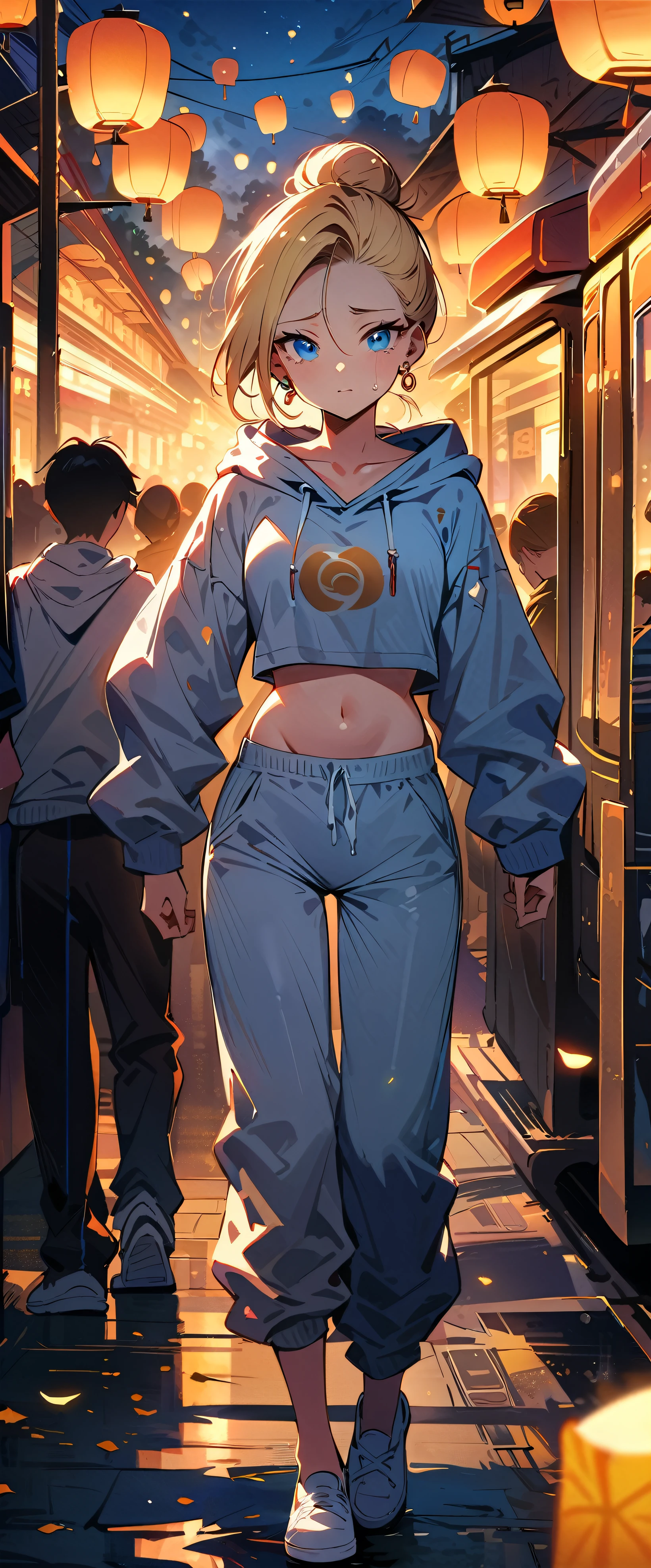 (masterpiece, best quality:1.2), solo, Android 18 from Dragon Ball, (light gray top), ((slip-on crop top)), ((sweatpants)), ((light grey sweatpants)), (hooded jacket), thighs, midriff, small breasts, blonde hair, (single hair bun), ((blue eyes)), earrings on earlobes, slender feminine figure, narrow waistline, skinny body, long legs, tears of emotion, tearing up, train station platform, surrounded by tourists, countless sky lanterns drifting in evening sky, night, fair weather, dreamlike, surreal, fantastical, the Lantern Festival, magnificent view, blur background, 4K