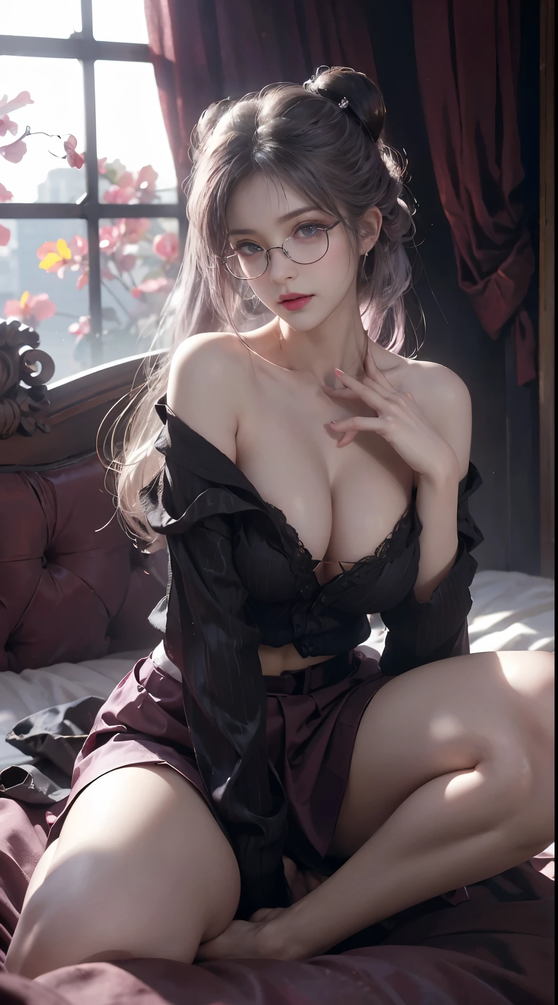 Dark style、Succubus、Devil's Daughter、Bat Wings,(((Demon Hornlack-rimmed round glasses))))、(((Colossal tits)))、(Devil's Tail),(Woman lying on bed)1 girl, Silver hair, striated hair, Bangs, Blunt bangs, Long hair, Pink hair, aqua eyes, longeyelashes, Purple eyes, makeup, Smile, Parted lips, Realism, Verism, surrealism, depth of fields, One-person viewpoint, retinas, masutepiece, ccurate, Anatomically correct, Textured skin,(Coarse short sweater)Floats off the shoulders、off shoulderlack tight skirt((Full Body Angle))、stick out buttocks)、(shapely breasts,)、((sexypose)))、(camel's toe), tongue、Vaginal orchids、Runny Vaginal Discharge、Blowing tide、Very beautiful breasts、Grasp your breasts with both hands、sexual excitement、 Expressions、shinny skin。realisitic、(Kpop Idol)、Medium Hair、(Pink blush)、(illuminating)、(solo)、dynamicposes、((erectile nipple))、(Puffy eyes:1.2)、 (Slim legs)、erotick