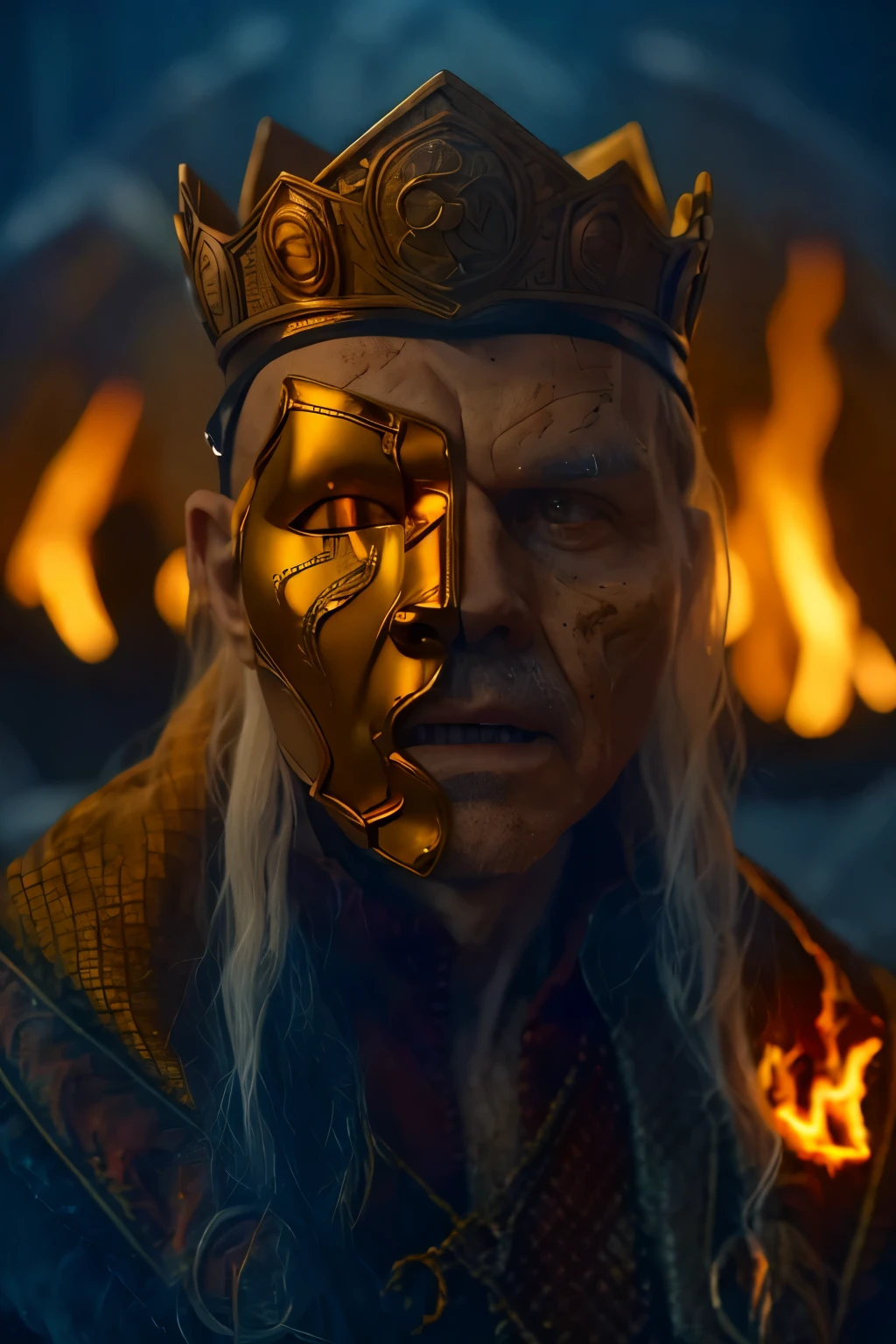 
(masterpiece, best quality:1.2), (((1 Man, male))), (((Cinematic epic poster))) of Sick Viserys ,((old man 80 years old)), (((hotting face))) , zombie , ((wearing a golden mask on half face, crown on her head)),  sitting on Iron Throne, Gothic style, (((detailed face))), (a detailed RAW photo of a ), (master part:1.0), (best quality:1.4), (Ultra Highres:1.2), (photorealistic:1.4), 8K resolution, Canon EOS R5, 50 millimeters, Absurd, Ultra Detailed, sharp focus, Cinematic lighting, detailed face, (ULZZANG-6500-V1.1), detailed skin texture, pale skin, chest round, (pale :0.5), Cinematic lighting. (((Abstract flame background, cinematic lighting ))) 