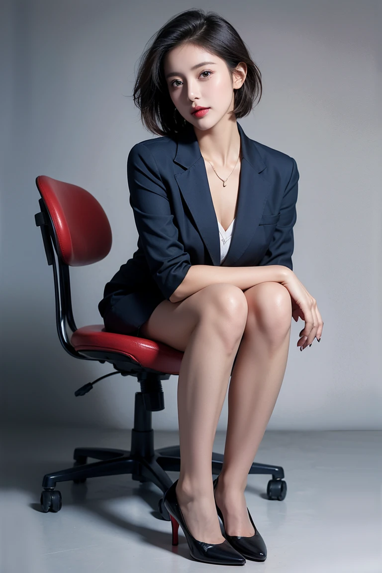 Realistic photos, Beautiful woman , short hair , Dark blue secretary suit , Sit in a red chair , Watery eyes , Mini tight skirt , Full body photo up to the feet , Respectable lower body , Significantly upward , Light blue collared blouse , Place your hands on your knees