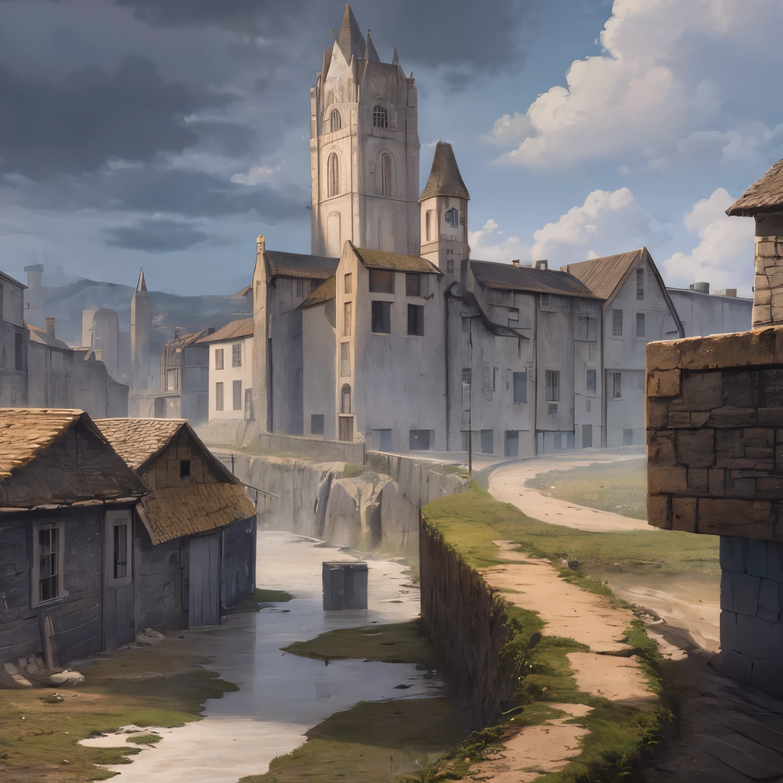 ((best quality)), ((masterpiece)), (detailed), landscape illustration, infertile land, medieval village, rundown cottages, stone path, muddy, barren land