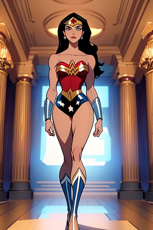 Regal Posture with Focus on Buttocks: Standing elegantly with one foot slightly in front of the other, the tight suit clings to Wonder Woman’s body, highlighting the curves of her hips and the shape of her buttocks. The suit's fit emphasizes her graceful yet powerful form, with the smooth lines accentuating her posture.