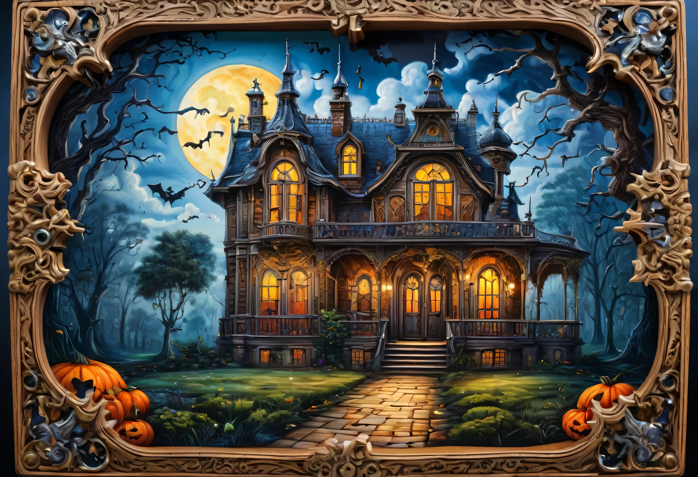 Close-up of a puzzle box with a picture of a house on it, Jigsaw Puzzles by Joe Mangrum, Shutterstock, Baroque, dug stanat spooky art, spooky w- 768, gothic mansion, spooky, spooky art, House of Madness, gothic mansion room, $100000000, Large scale