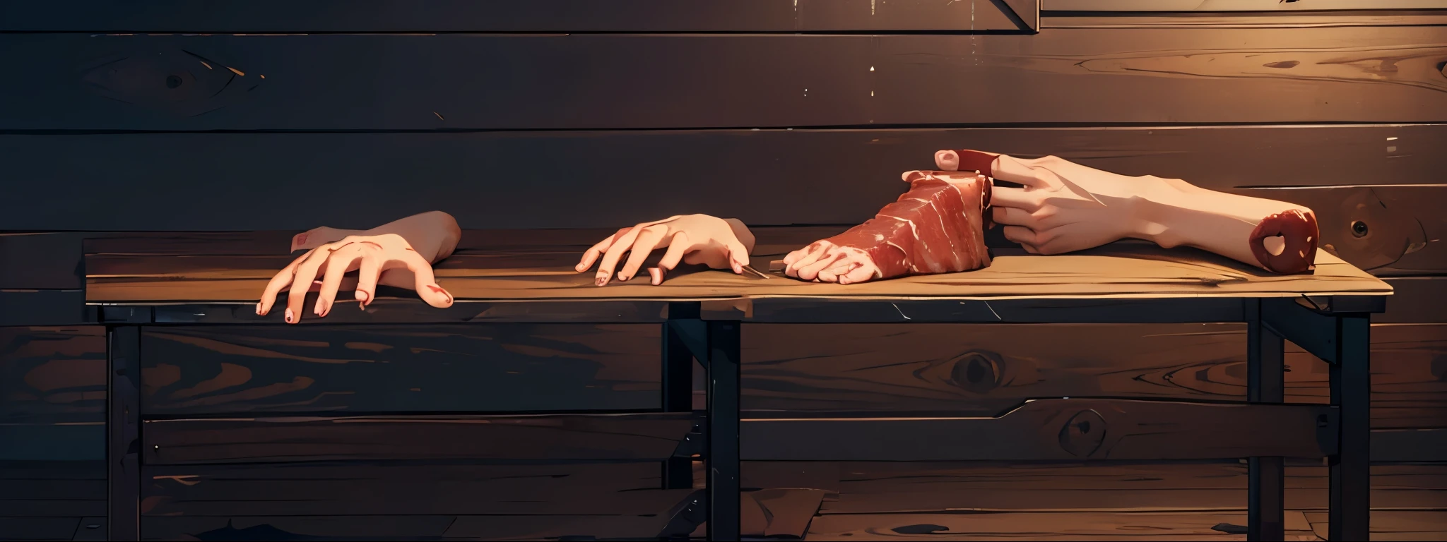 mutilated hands and feet on the wooden table, blood, meats,