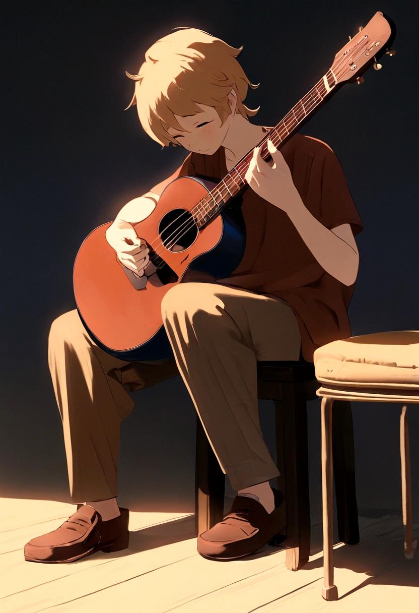 Une illustration d'un jeune africain assis sur un tabouret, micro en main, porte une veste beige à poches multiples par-dessus un t-shirt clair, as well as brown pants C' Background, deux musiciens jouent de la guitare assis. The scene is lit with a soft light, creating a warm and friendly atmosphere. Illustrate this scene'un point de vue où il fait face à la caméra. Développez cet art en Full HD, Focus on your cinematic touch, Style d'animations Disney Pixar