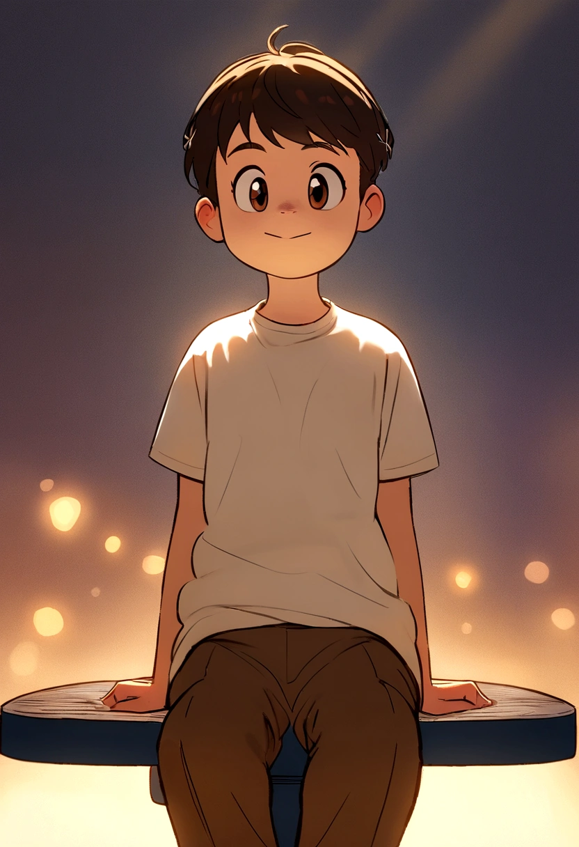 Une illustration d'un jeune africain assis sur un tabouret, micro en main, porte une veste beige à poches multiples par-dessus un t-shirt clair, as well as brown pants C' Background, deux musiciens jouent de la guitare assis. The scene is lit with a soft light, creating a warm and friendly atmosphere. Illustrate this scene'un point de vue où il fait face à la caméra. Développez cet art en Full HD, Focus on your cinematic touch, Style d'animations Disney Pixar