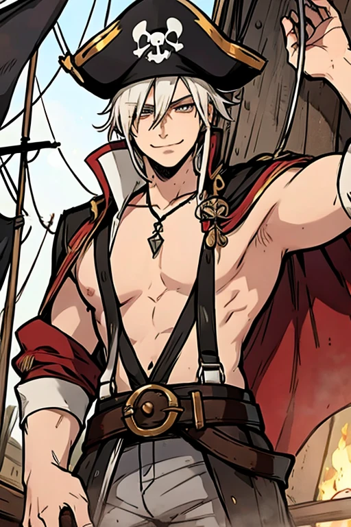 A young white haired man with ruby eyes in a pirates's outfit is drinking on a pirate ship with a big smile
