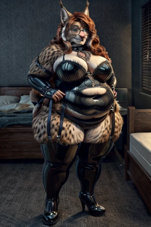 masterpiece, best quality, a chubby anthropomoprhic lynx girl standing in a dark bedroom, lingerie, latex lingerie, (dominatrix), glasses, lynx, furry, female, chubby, fat, jeans, long hair, copper hair, wavy hair, blue eyes,