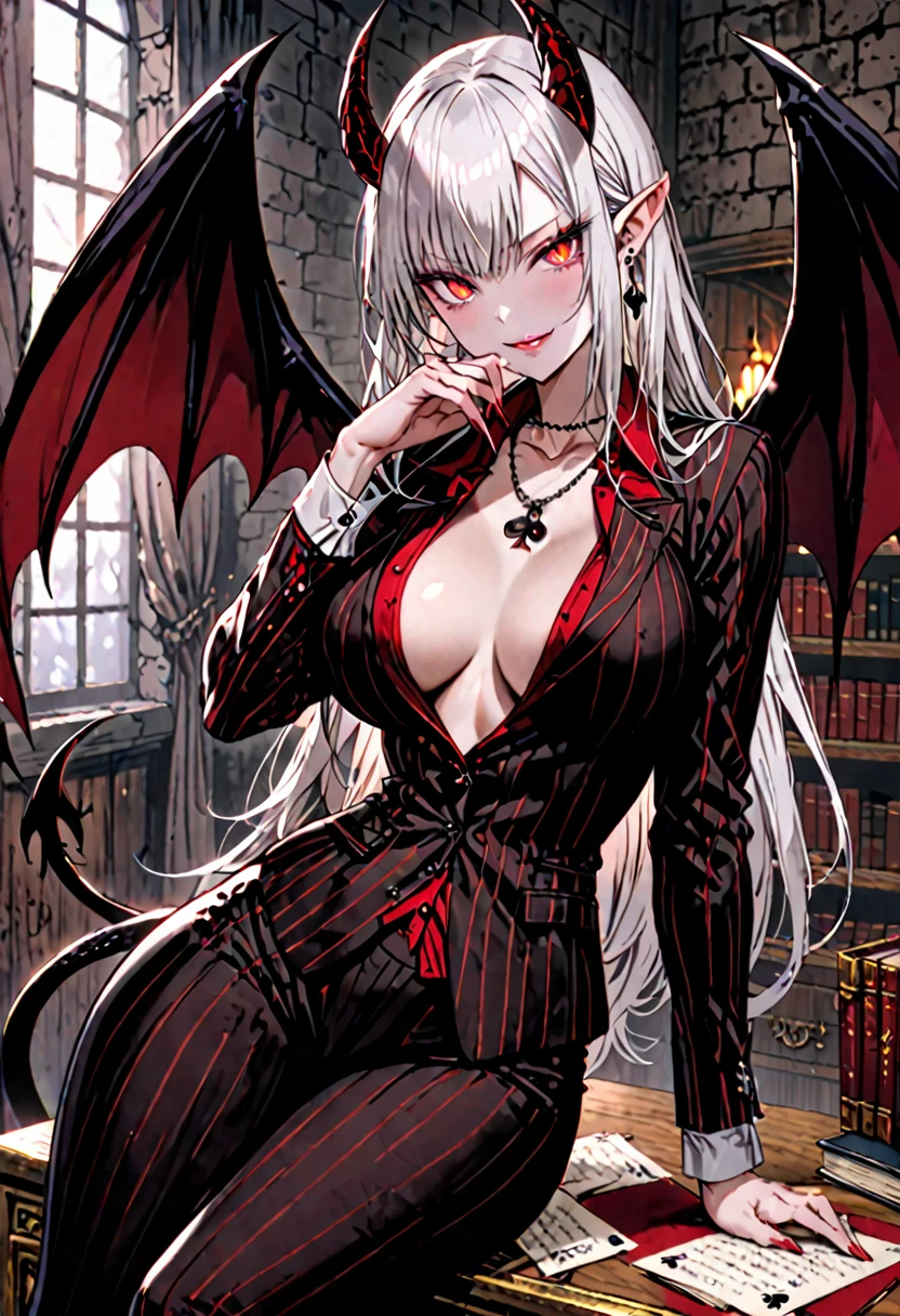 solo, female, long white hair, straight hair, (large black recurve horns), short pointed ears, red eyes, slit pupils, large breasts, tall, medieval, ((black business suit)), red dress shirt, spade tail, black demon wings, pinstripe suit, succubus, unbuttoned shirt, smirk, seductive, luxurious, study room, sitting on desk, curvaceous, warm, holding chin, simple silver necklace, broad shoulders