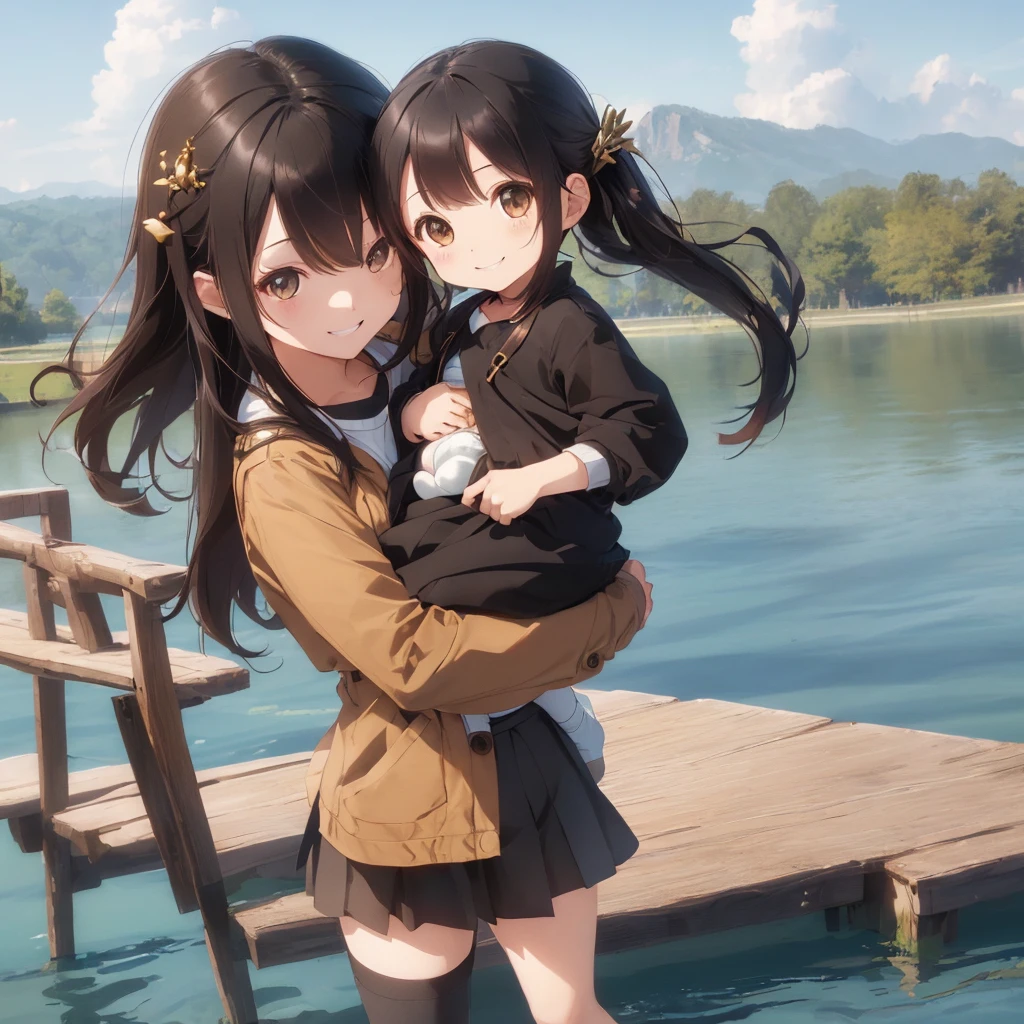 (Tabletop, highest quality, Capture the cutest moment, Depth of written boundary, Ultra-detailed, Ultra-high resolution, c4d, Octadale, 3D Modeling, 8k, One Girl、Age 25、Black-haired、Straight Hair、Light brown eyes,hair ornaments、Brown outerwear、Black trousers、(smile)、(Holding a baby)、(Being on a big lake)、