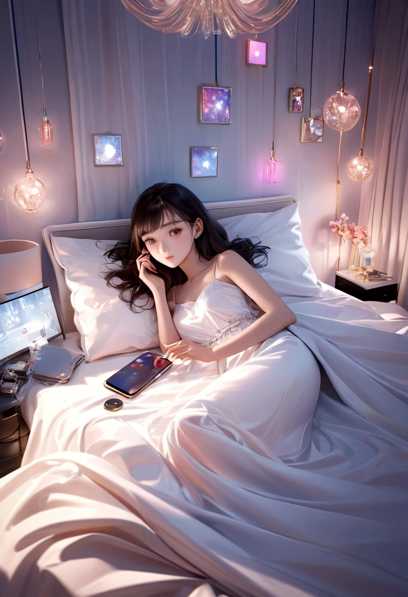 create an illustrative scenario Image A young woman in a luxurious room, filled with modern decor and expensive equipment. She is lying on a king-size bed with silk sheets, surrounded by pillows. The space is softly lit by colored LED lights. She is using a smartphone, with several social media notifications visible. In the background there is a dressing table full of beauty products and accessories.8K uhd, high quality, volumetric light, photo, high resolution, 4k, 8K,