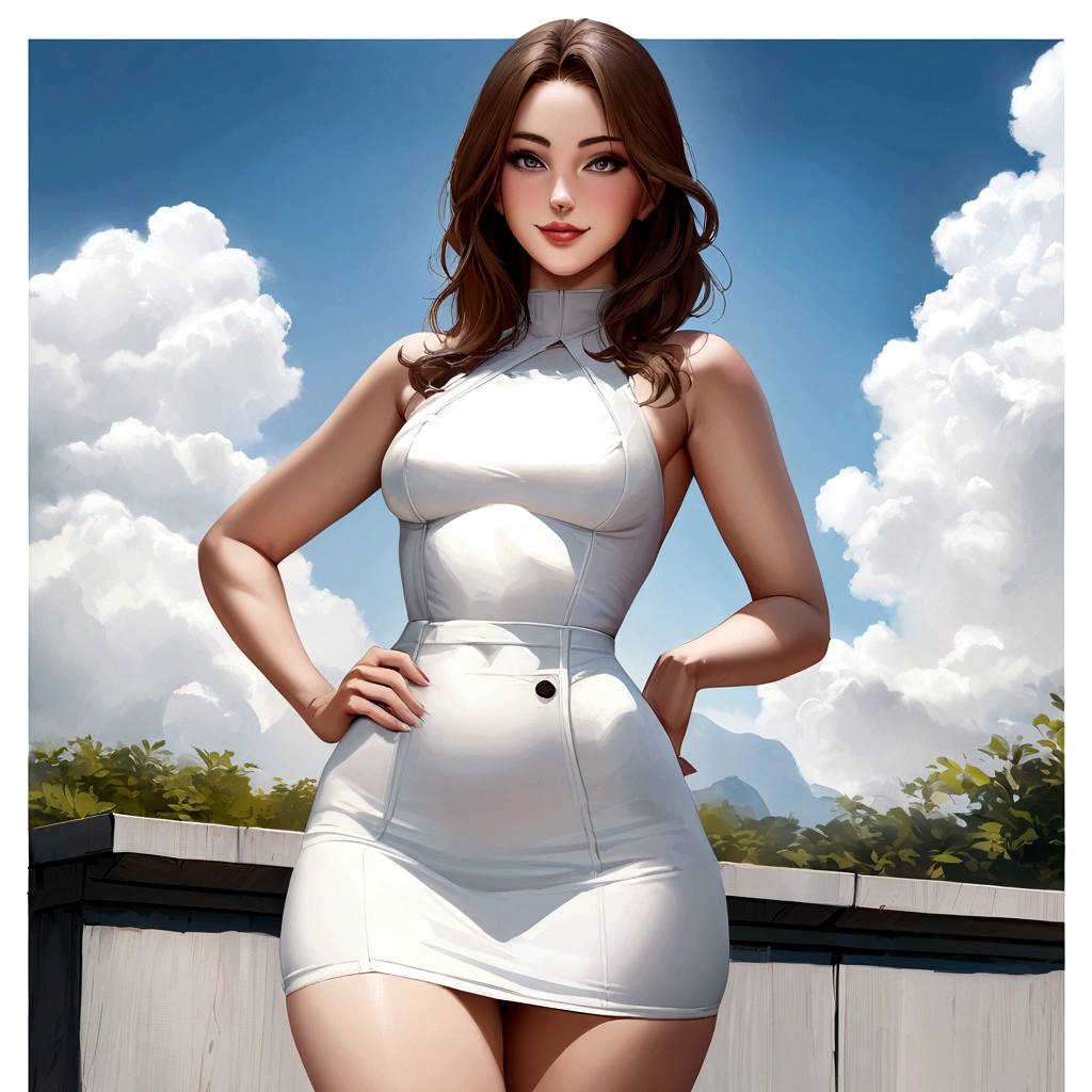 realistic white female instagram influencer, best quality, brunette, 1 girl, in white tight short dress, gorgeous smile