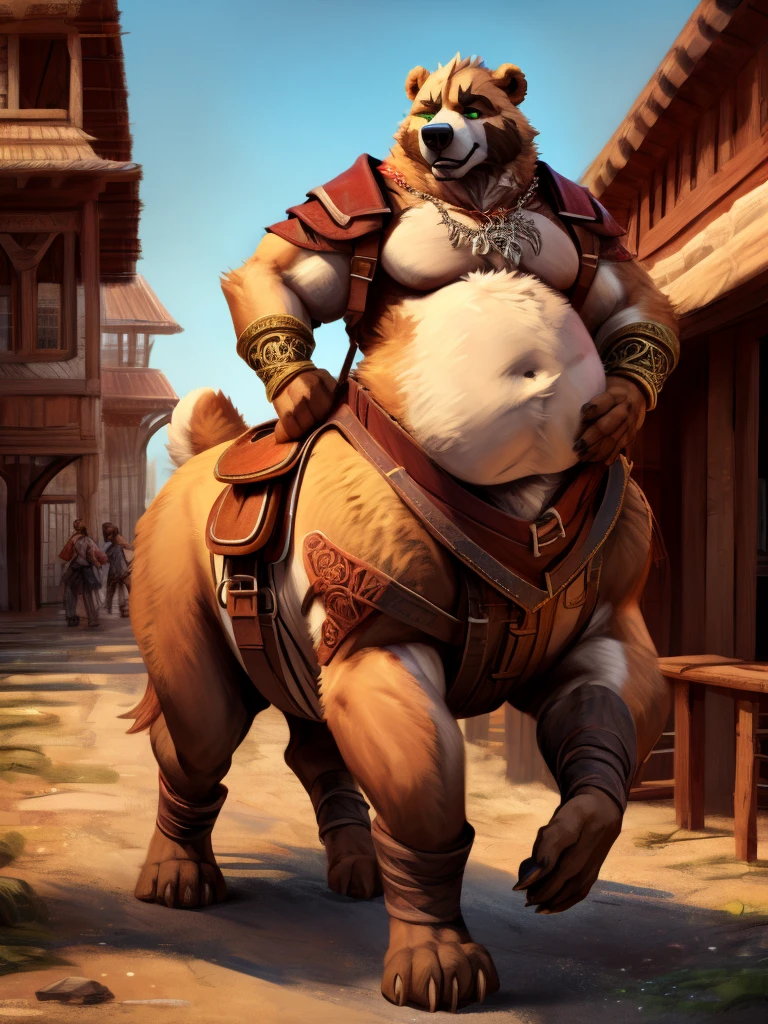 4k ultra quality, 4k full body view,ultra high detailed body,singo person,beartaur, detailed body, (ultra detailed belly), white belly fur,big belly, ((round taur belly)), enormous taur belly, enormous taur body, bulge,by mystikfox61, by glitter trap boy, by bebebebebe,by morethreedee, by seibear,(thick thigh),(chubby thigh),thicc thigh,thick legs,chubby legs,thicc legs,massive butt,enomorous thigh,massive thigh,massive legs,(detailed thigh),(wide thigh),thick butt,fluffy belly,furry belly,sharp nails,((sfw)),(ultra detailed face),ultra detailed eyes,cute face,green eyes,(golden fur),mouth open,big tail,fluffy tail,(detailed tail),enomorous tail,front view,big tail,immobile taur,enomorous thigh,fluffy paws,detailed paws,thick paws,chubby paws,huge paws,big paws,(bear paws),bare paws,ornate belts,ornate necklace,golden bracelet,leather belts,multiple belts,ultra big bulge,huge bulge, saddle bags,ornate saddle,saddle packs,big packs,mediaeval town,mediaeval style,taur treader,outdoor,carrying a stall