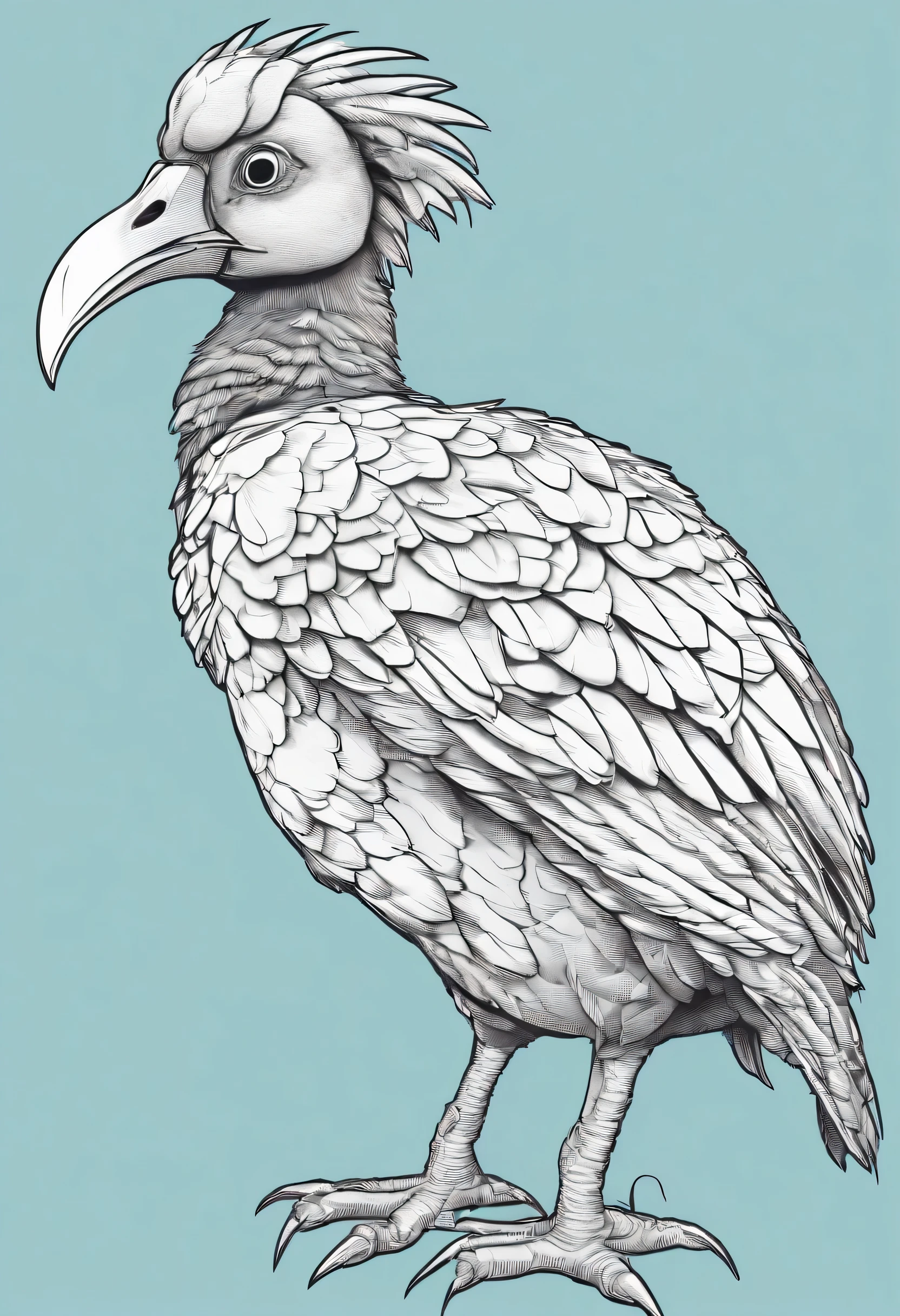 Creat realistic Cartoon dodo bird, lite blue background.dodoBird without colours for coloring book page without colour for coloring book and make clear outlines