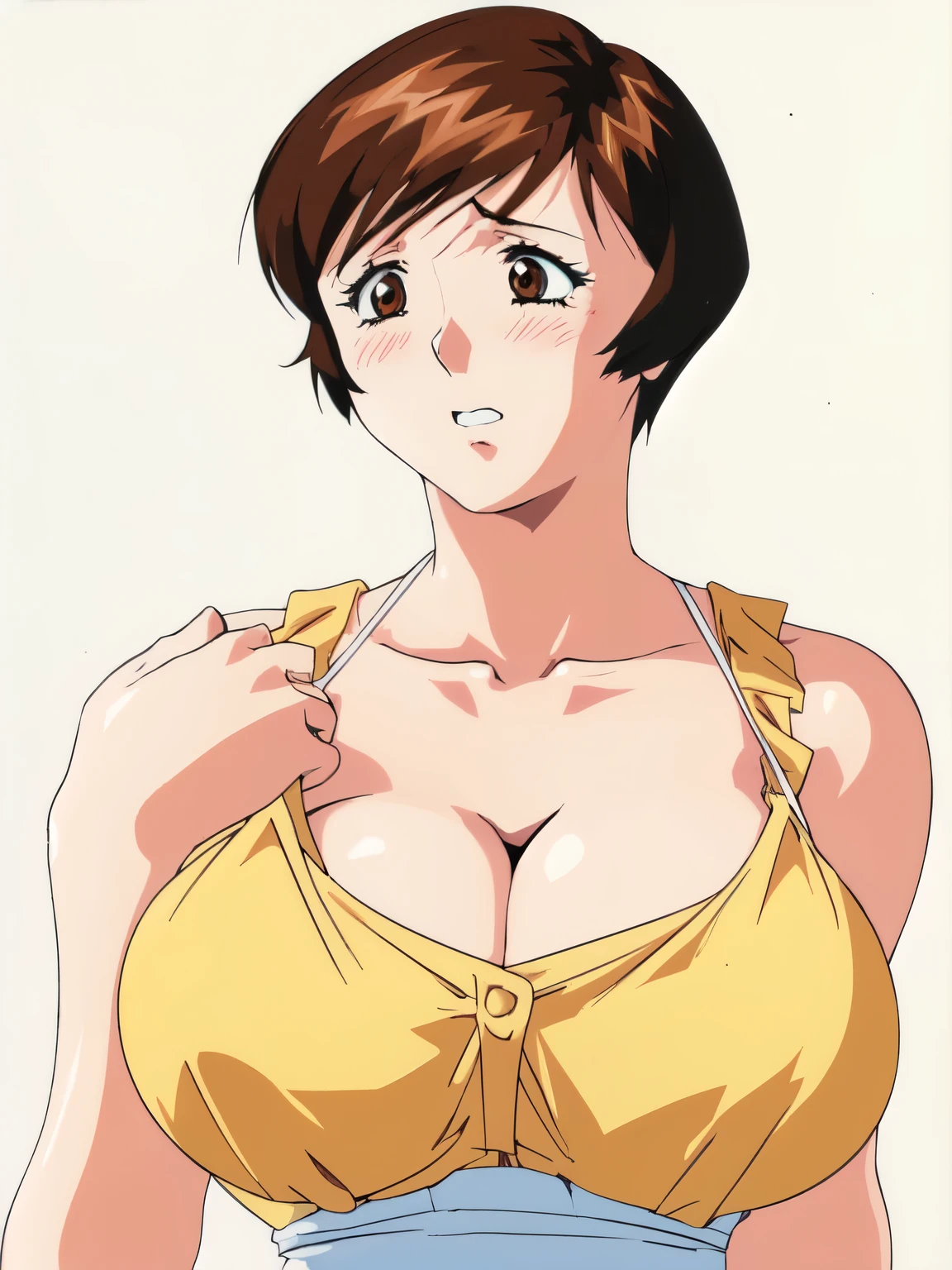 masterpiece, highest quality, High resolution, One girl, alone, sexual intercourse, Pornographic images, short hair, etsukoto, Brown eyes, fine grain, fine grain, (((Thick thighs, Plump thighs, Voluptuous thighs, Thighs alone are enough))), Huge and ample breasts, Cleavage, Huge long breasts, Naughty big,((Big breasts are important))、((Naughty thighs)), L Cup, (thin:1.4),(Tight waist:1.4),  (Yellow Dress:1.4), ((white waist apron)), White panties, anguish, blush, (((Simple Background))), ((Wide Hips)), Shiny, Oily skin, Mature mother, Calf, Seductive mature woman, Perfect body, Plus Size Model, etsukoto, blush, clavicle, retro artstyle, 1990s (style), ((upper body)), (((looking away))), [from side], nsfw,