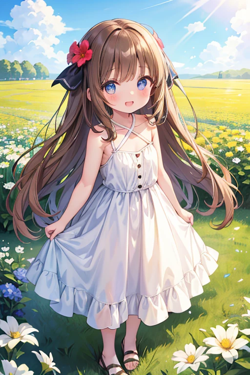 One Girl, younger sister, , small, full body shot, cute, Big Eyes, Wide eyes, smile, Laughing with your mouth open, Blushing, beautiful girl, Face the camera, whole body, Light brown hair, Long hair down to her butt, Bangs, Girlish Hair, Straight Hair, Half Up, White long ribbon, Clear blue eyes, Drooping eyes, Flat Chest, Curvy Body, White strap dress, Long skirt, A flower field, Standing in a flower field, Pale Light, blue sky, Warm sunlight