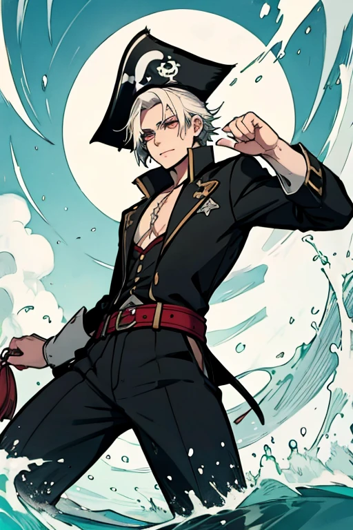 A young white haired man with ruby eyes in a pirates's outfit is splashing in the waves