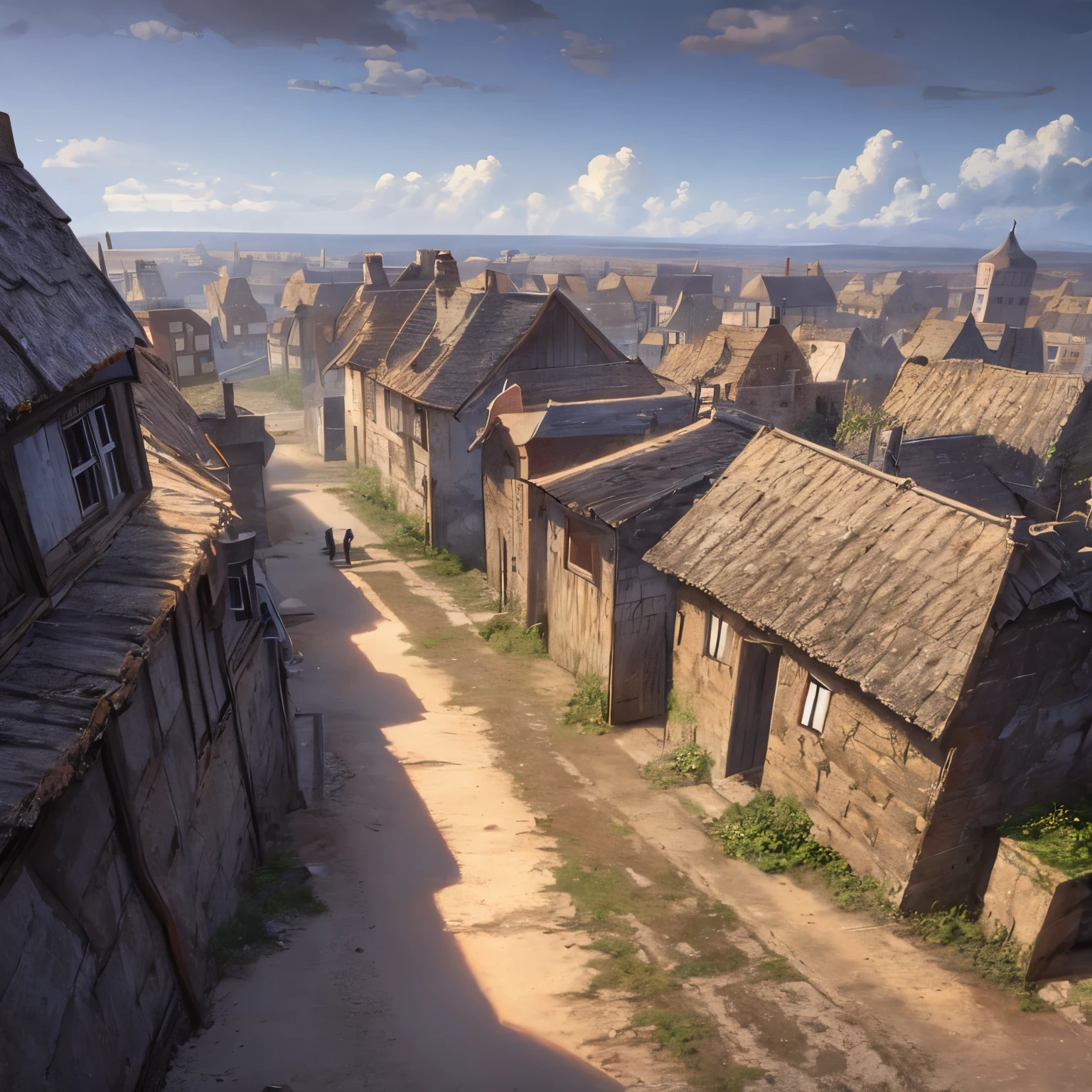 ((best quality)), ((masterpiece)), (detailed), landscape illustration, infertile land, medieval village, rundown cottages, stone path, muddy, barren land