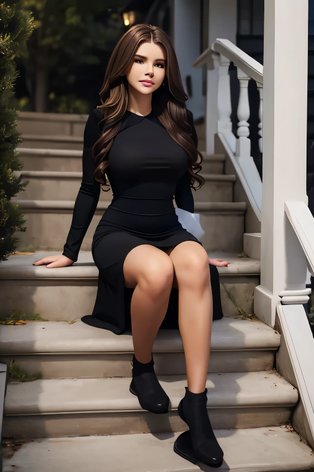 woman in black dress sitting on stairs with black stockings, a striking 22-year-old American model with light brown hair , wavy hair, 172 height, full body photo, danusia grahici face, cute faces wearing a tight black dress, russian girlfriend, blonde and attractive features, attractive girl,